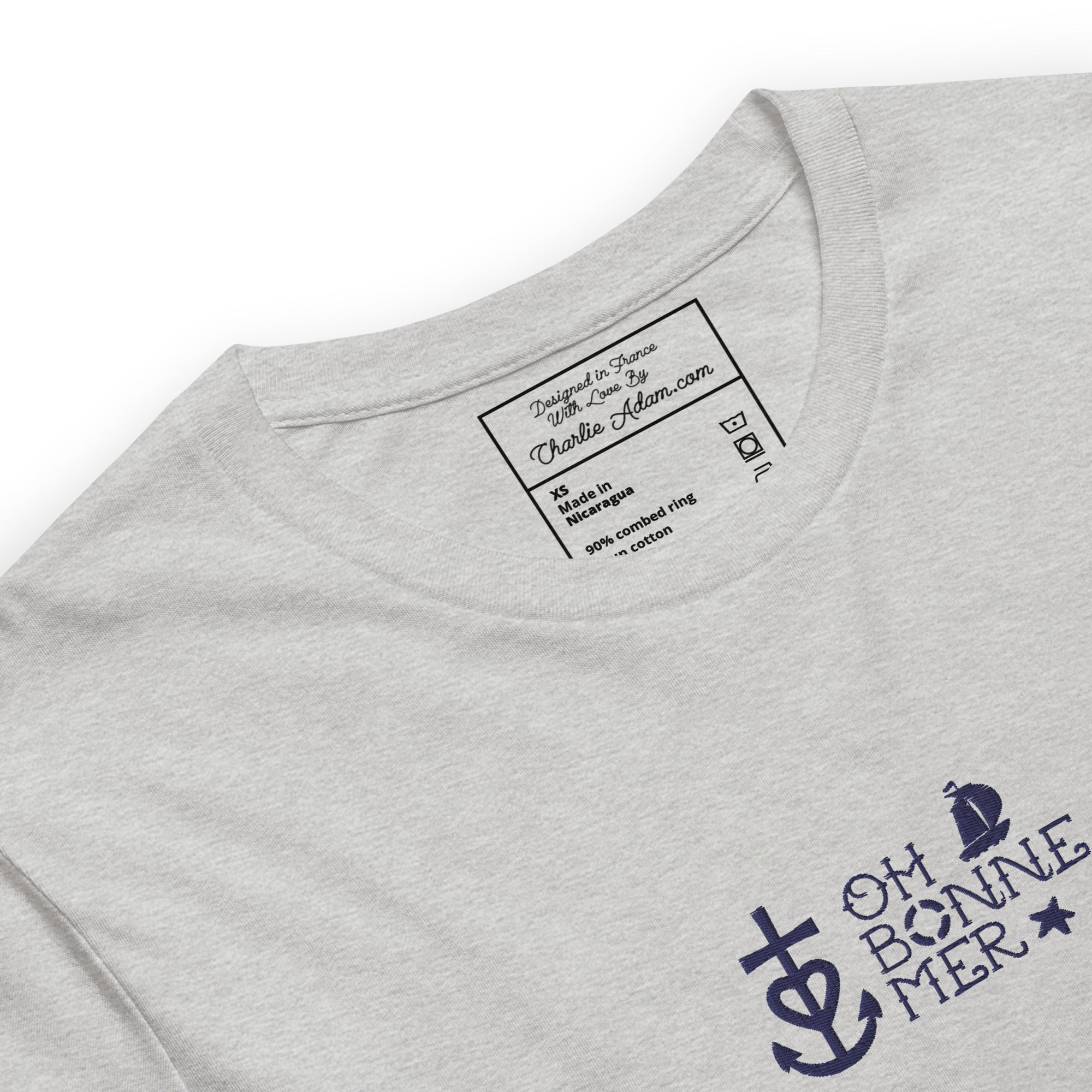 T-shirt en coton unisexe Oh Bonne Mer 2 navy brodé sur couleurs chinées claires