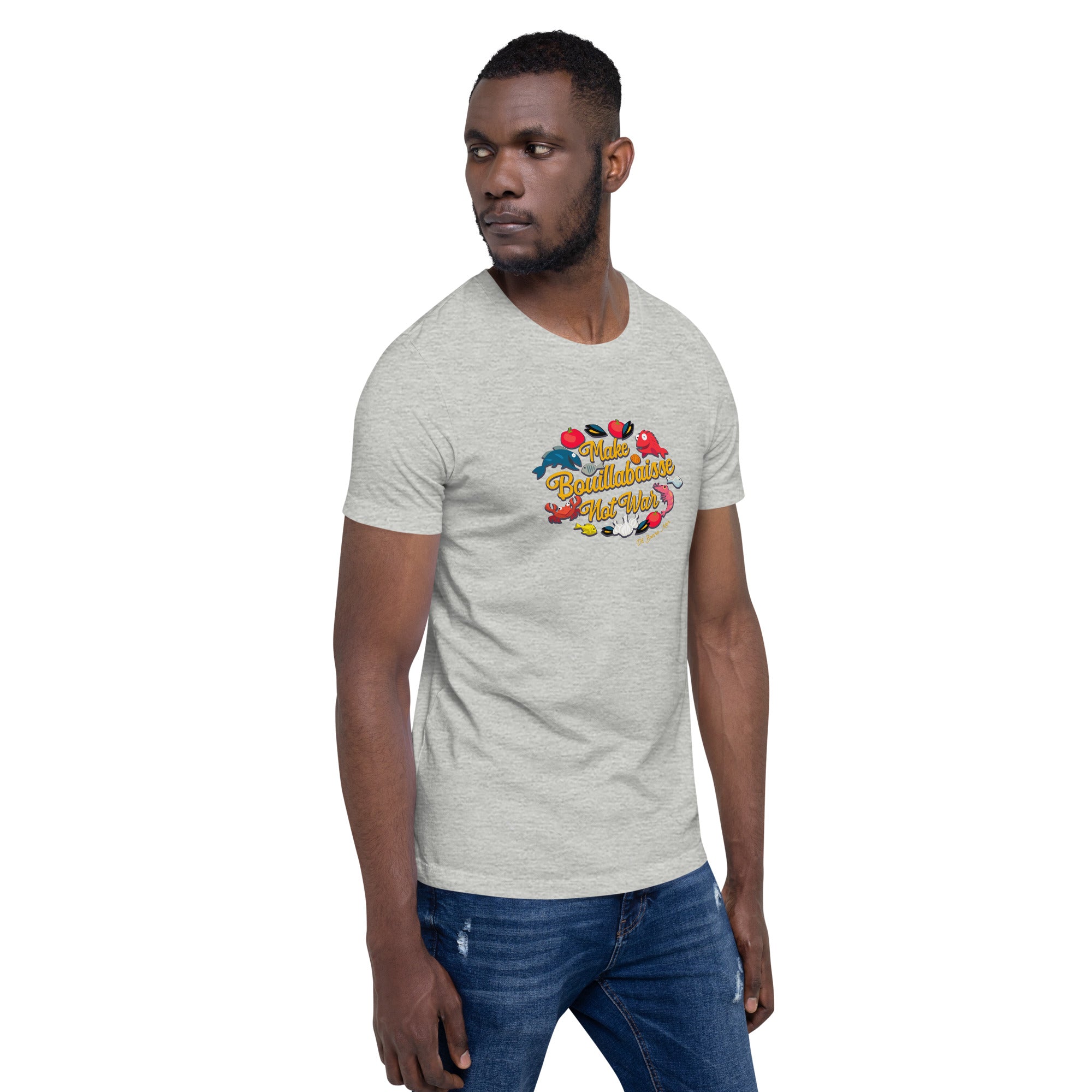 T-shirt en coton unisexe Make Bouillabaisse Not War sur couleurs chinées claires