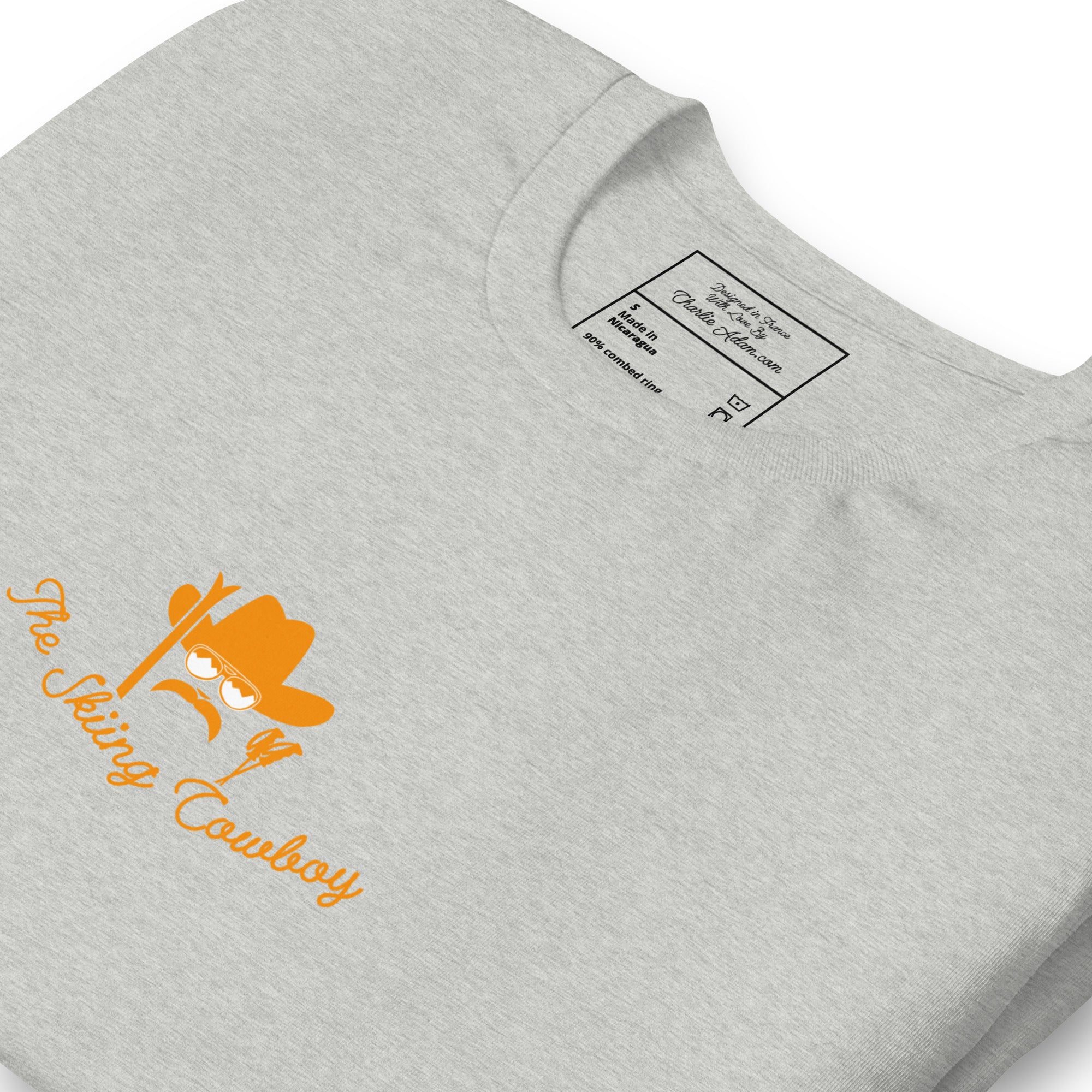 T-shirt en coton unisexe Skiing Cowboy (face) & Ski Fight at OK Corral Outline (dos) sur couleurs chinées claires