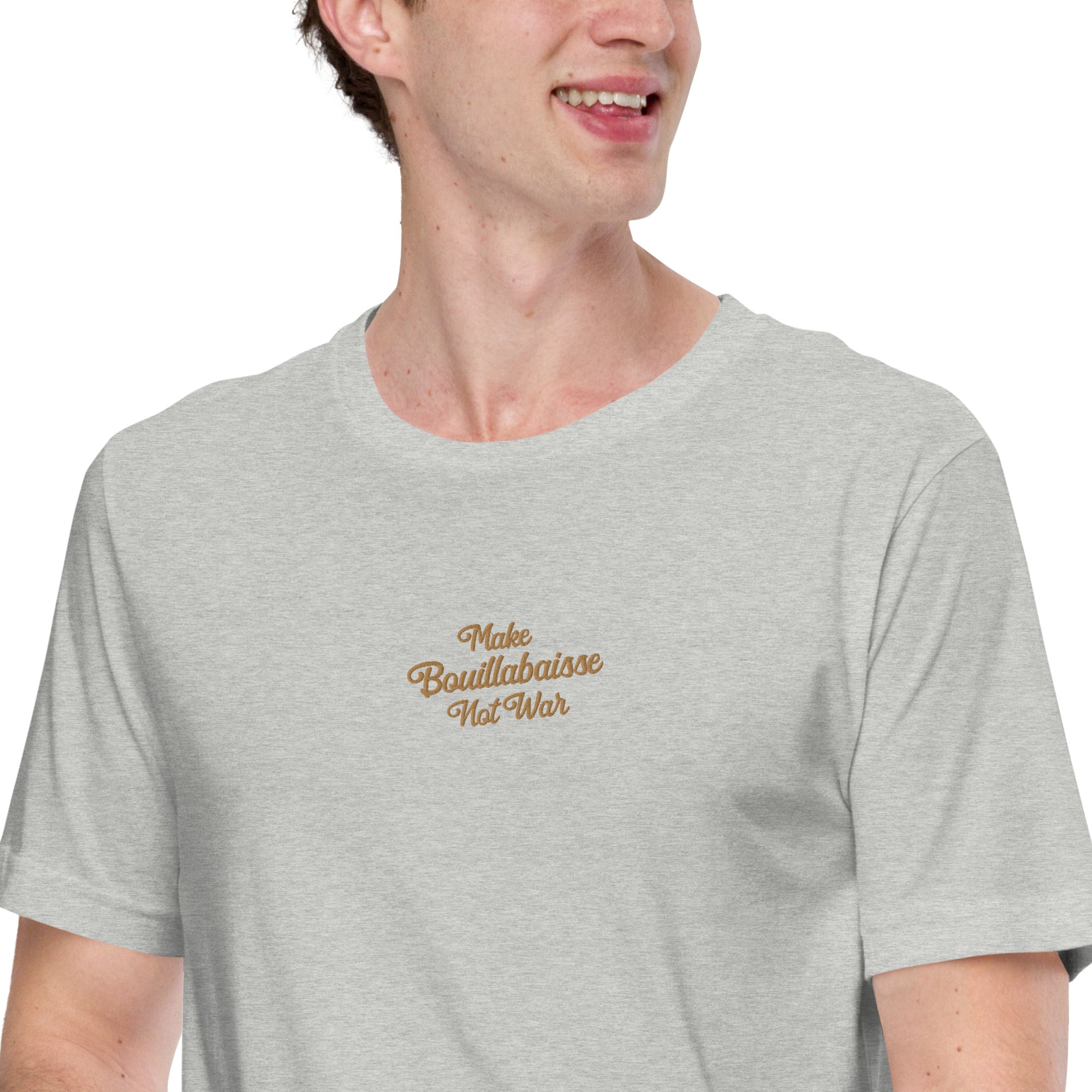 Unisex t-shirt Make Bouillabaisse Not War Text Only old gold embroidered pattern on light heather colors