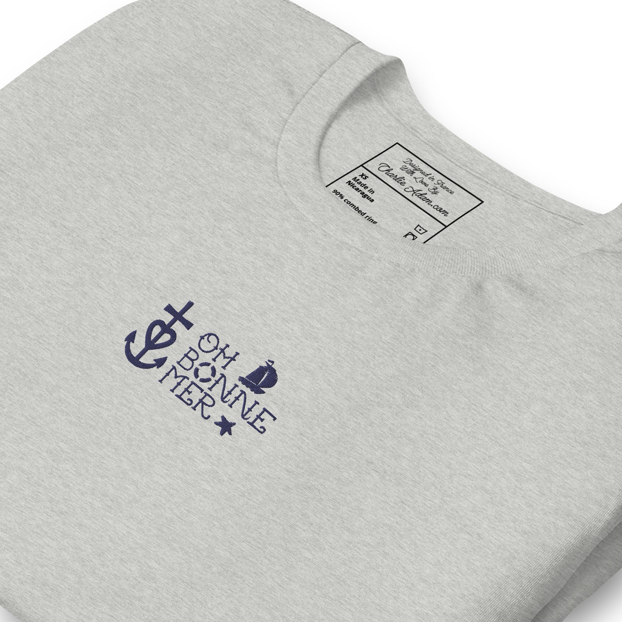 T-shirt en coton unisexe Oh Bonne Mer 2 navy brodé sur couleurs chinées claires