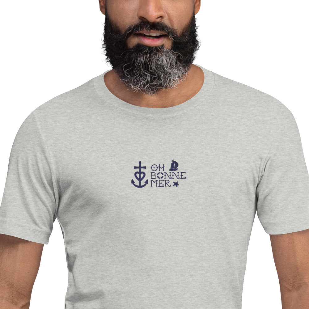 T-shirt en coton unisexe Oh Bonne Mer 2 navy brodé sur couleurs chinées claires