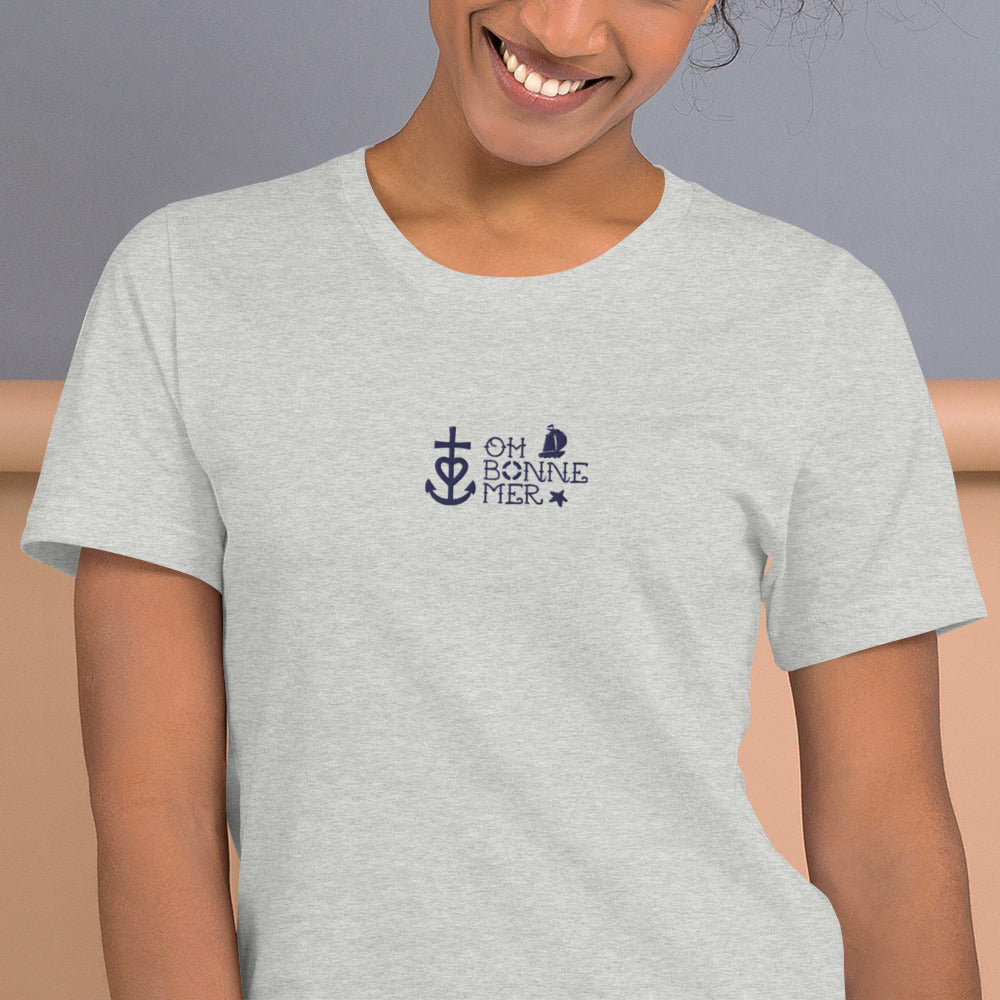 T-shirt en coton unisexe Oh Bonne Mer 2 navy brodé sur couleurs chinées claires