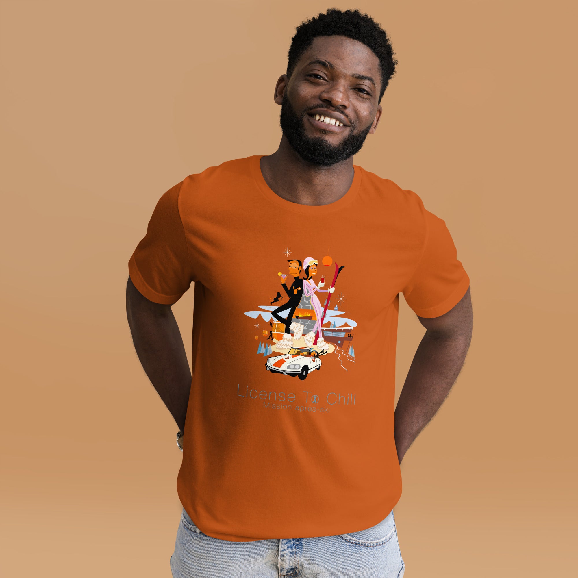 Unisex cotton t-shirt License to Chill Mission Après-Ski on bright colors