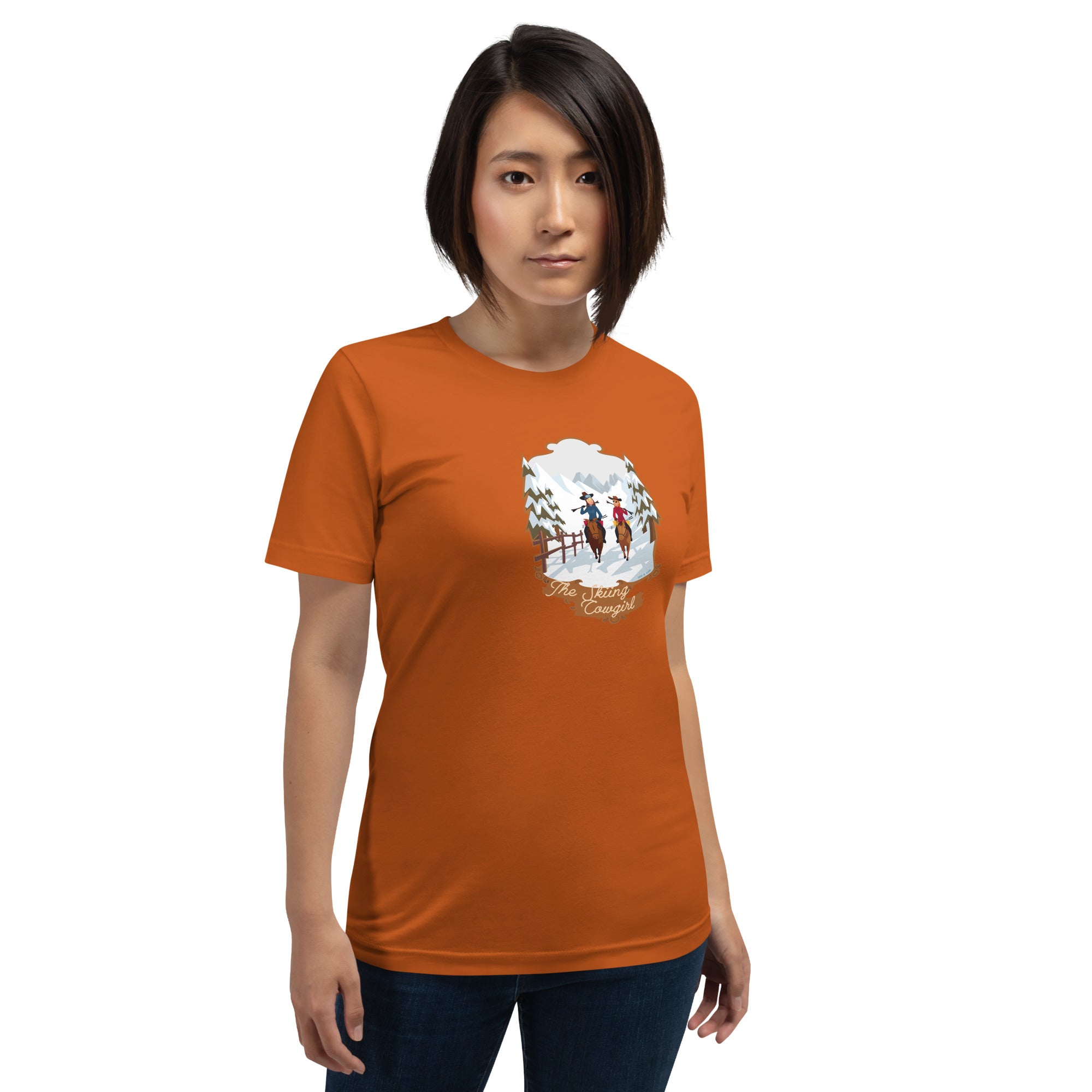 T-shirt en coton unisexe The Skiing Cowgirl sur couleurs vives
