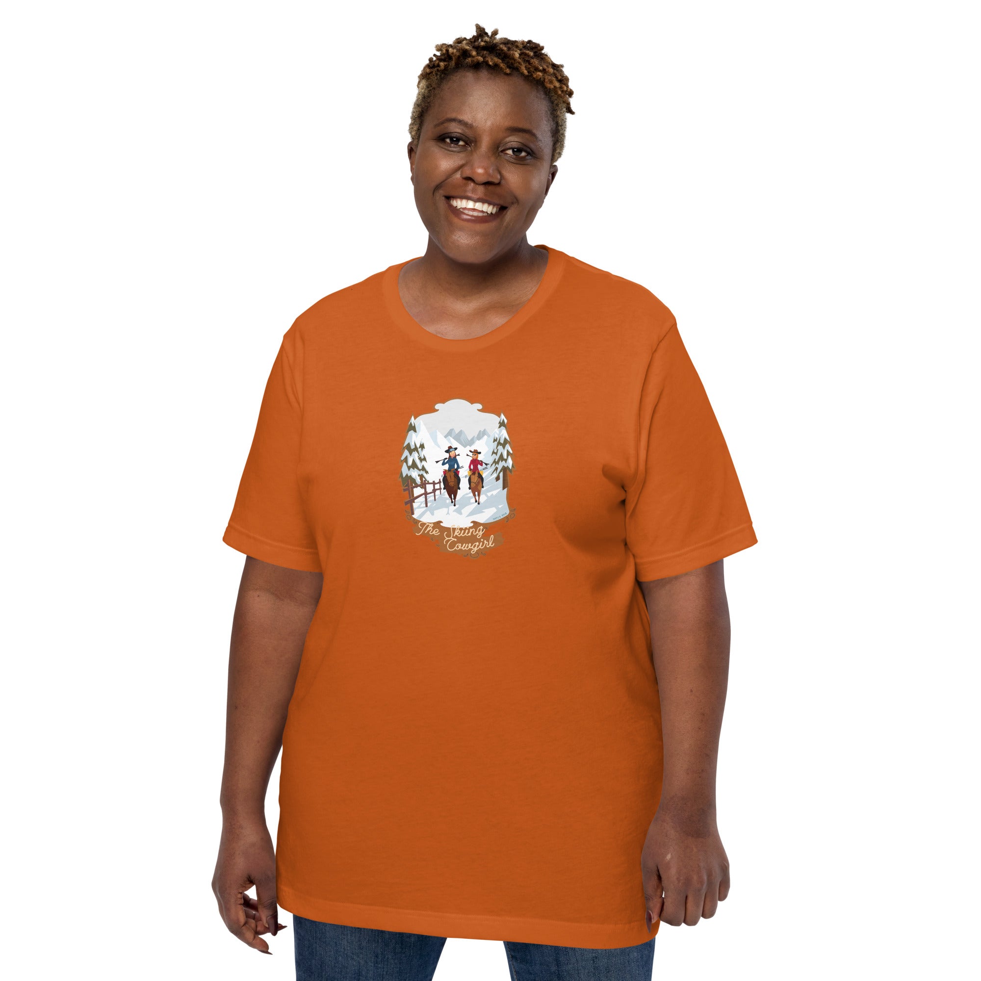 T-shirt en coton unisexe The Skiing Cowgirl sur couleurs vives
