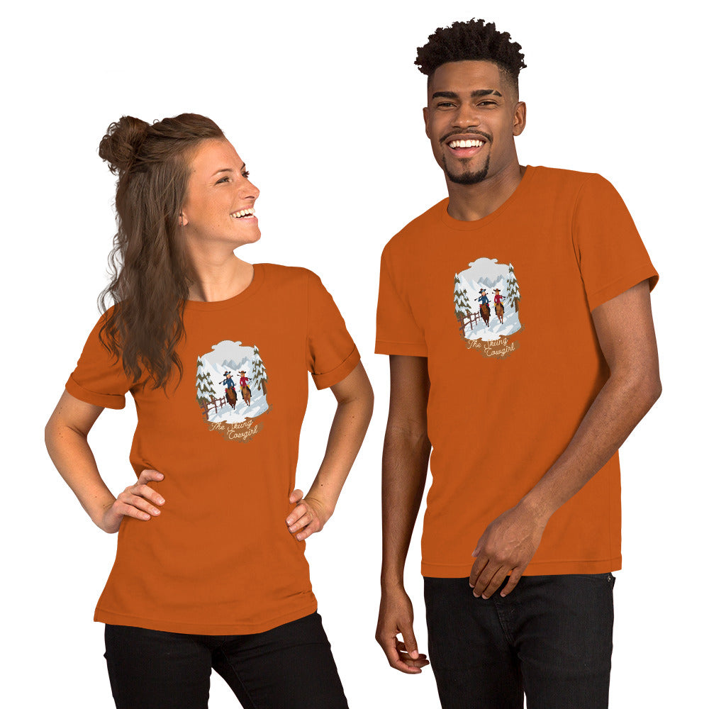 T-shirt en coton unisexe The Skiing Cowgirl sur couleurs vives