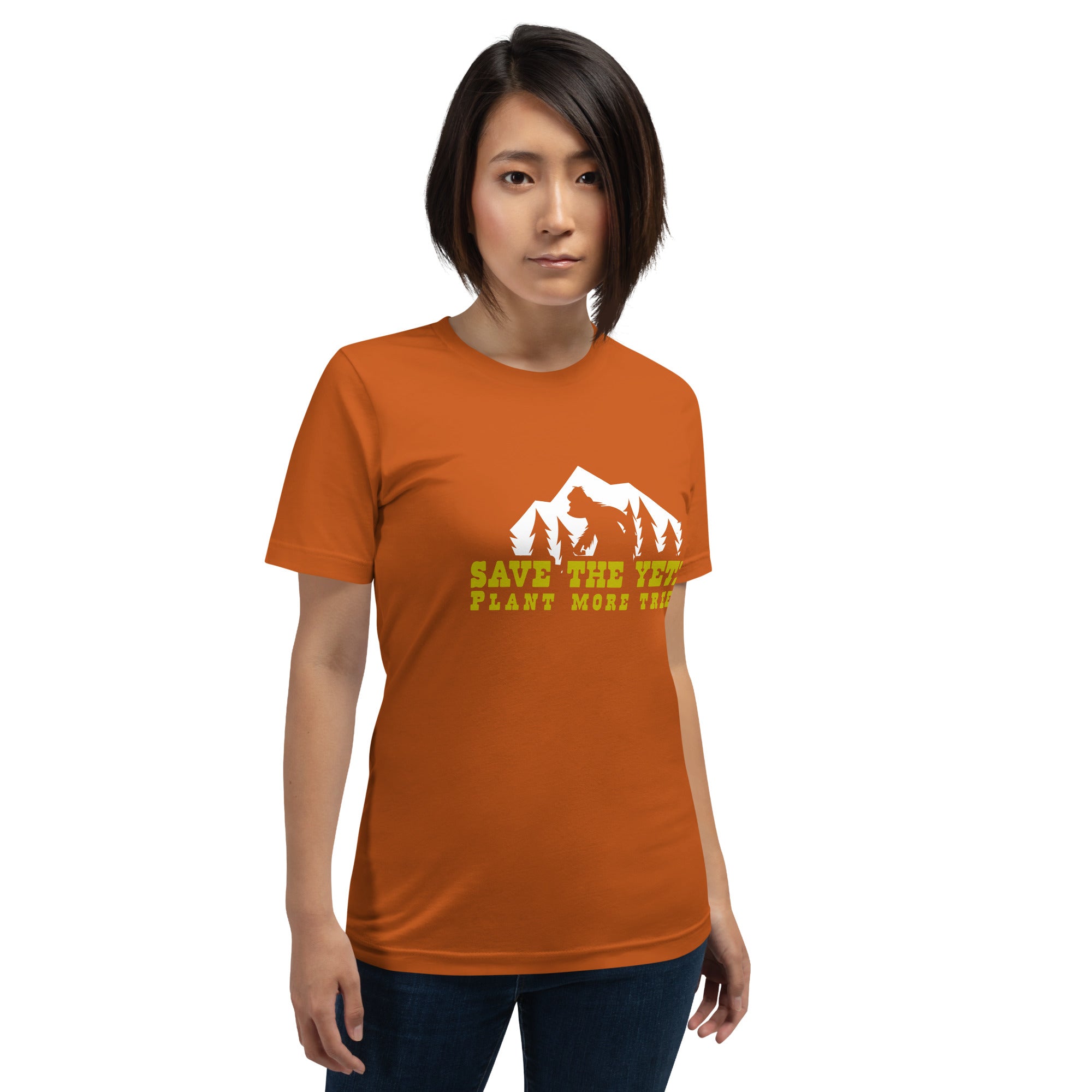 Unisex cotton t-shirt Save the Yetis Plant more Trees on bright colors (front & back)