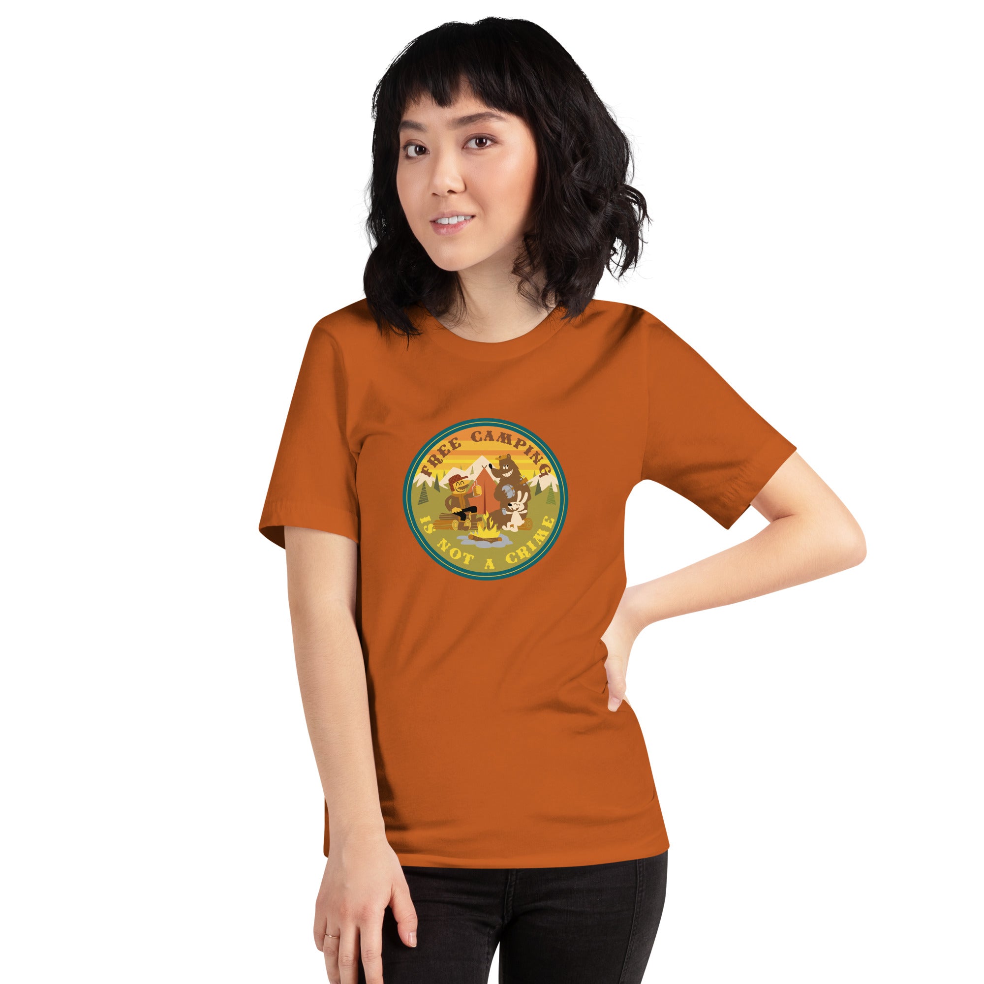 Unisex cotton t-shirt Free Camping is not a Crime on bright colors