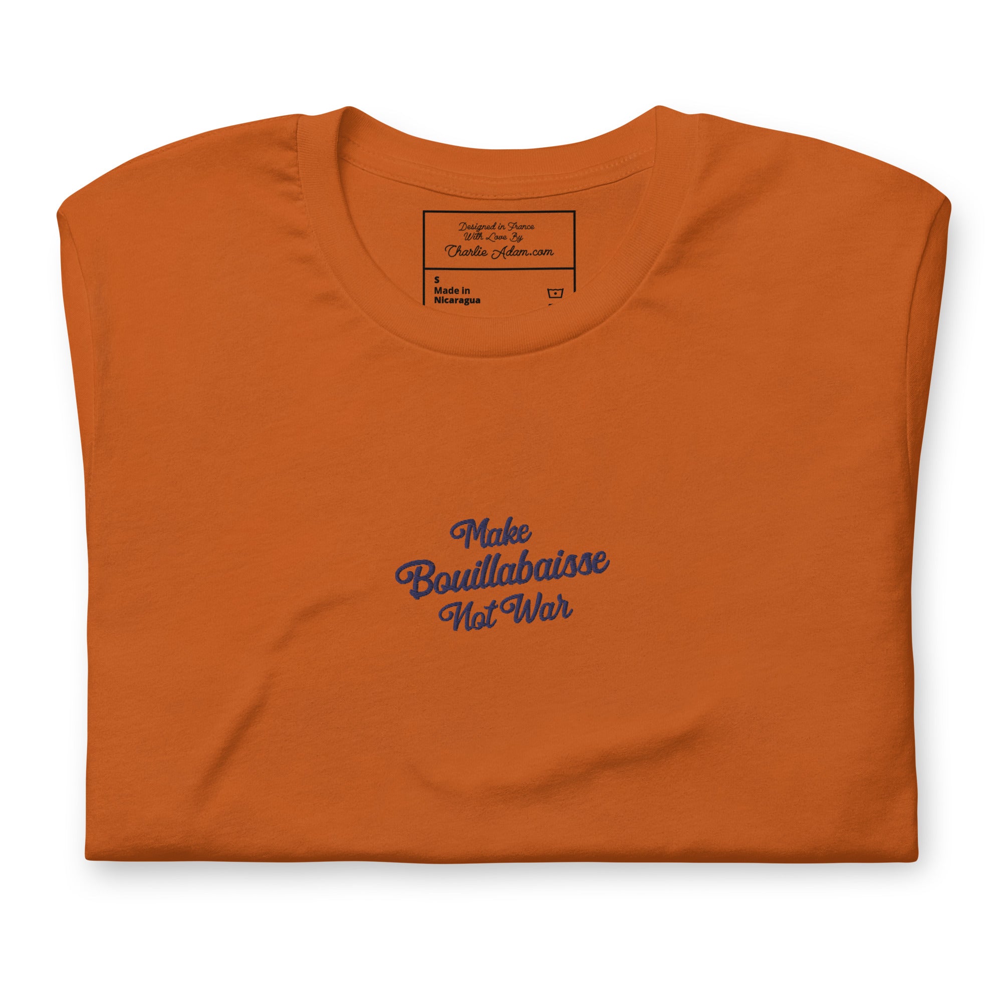 Unisex t-shirt Make Bouillabaisse Not War Text Only navy on bright colors