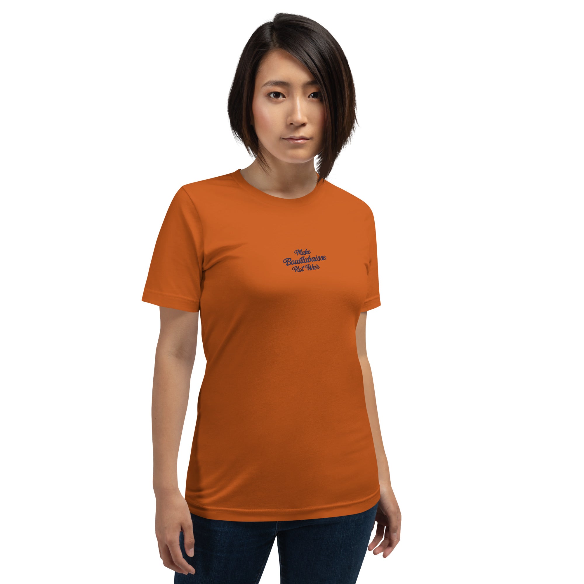 Unisex t-shirt Make Bouillabaisse Not War Text Only navy on bright colors