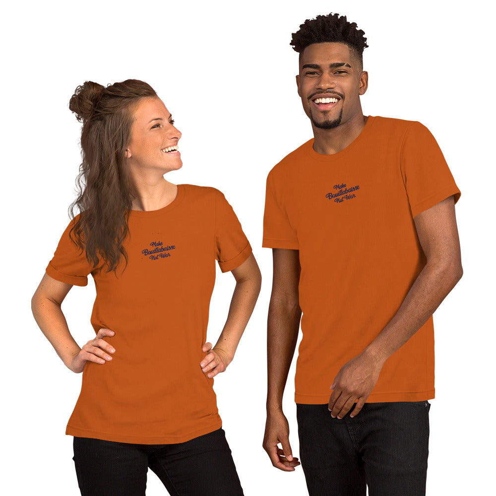 Unisex t-shirt Make Bouillabaisse Not War Text Only navy on bright colors