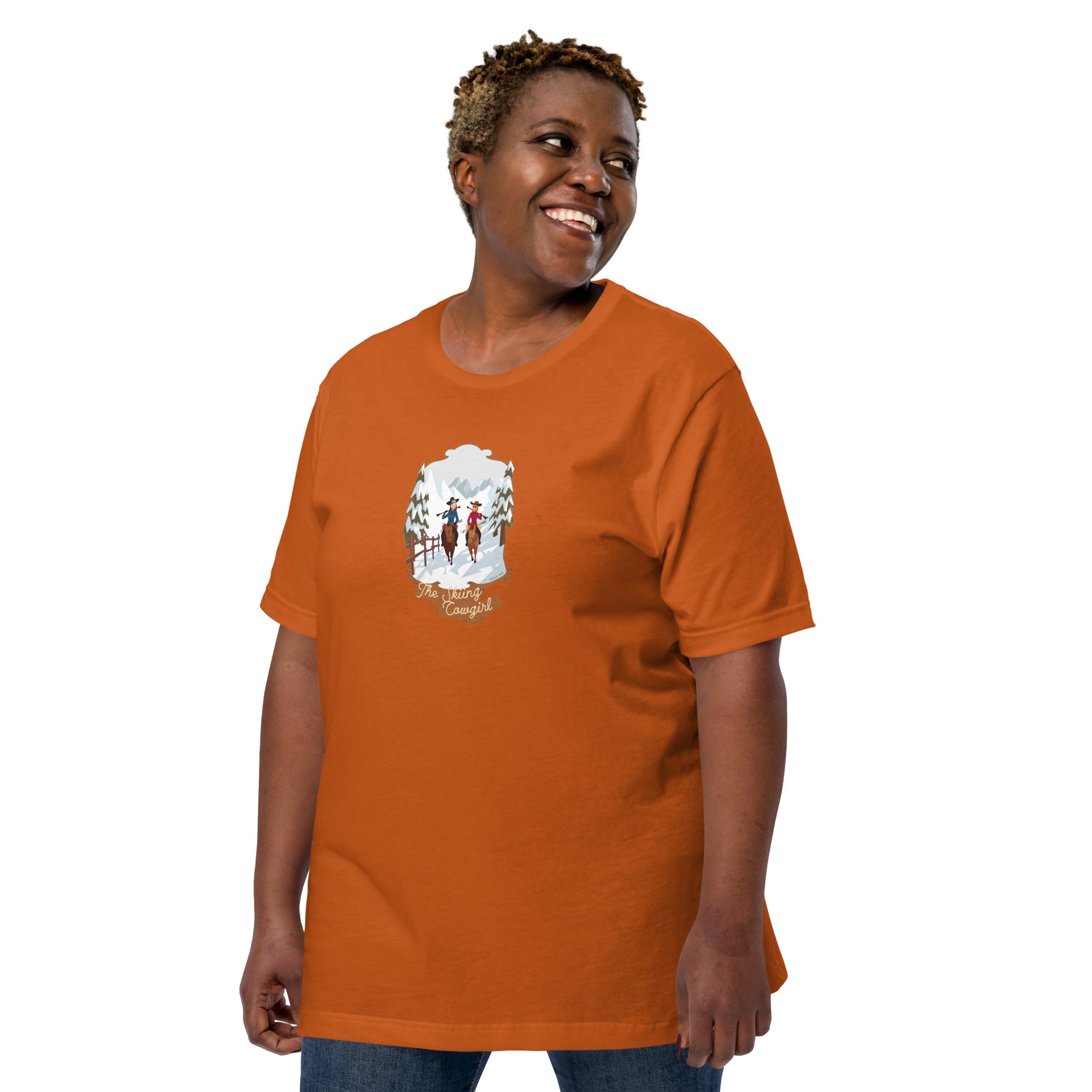 T-shirt en coton unisexe The Skiing Cowgirl sur couleurs vives