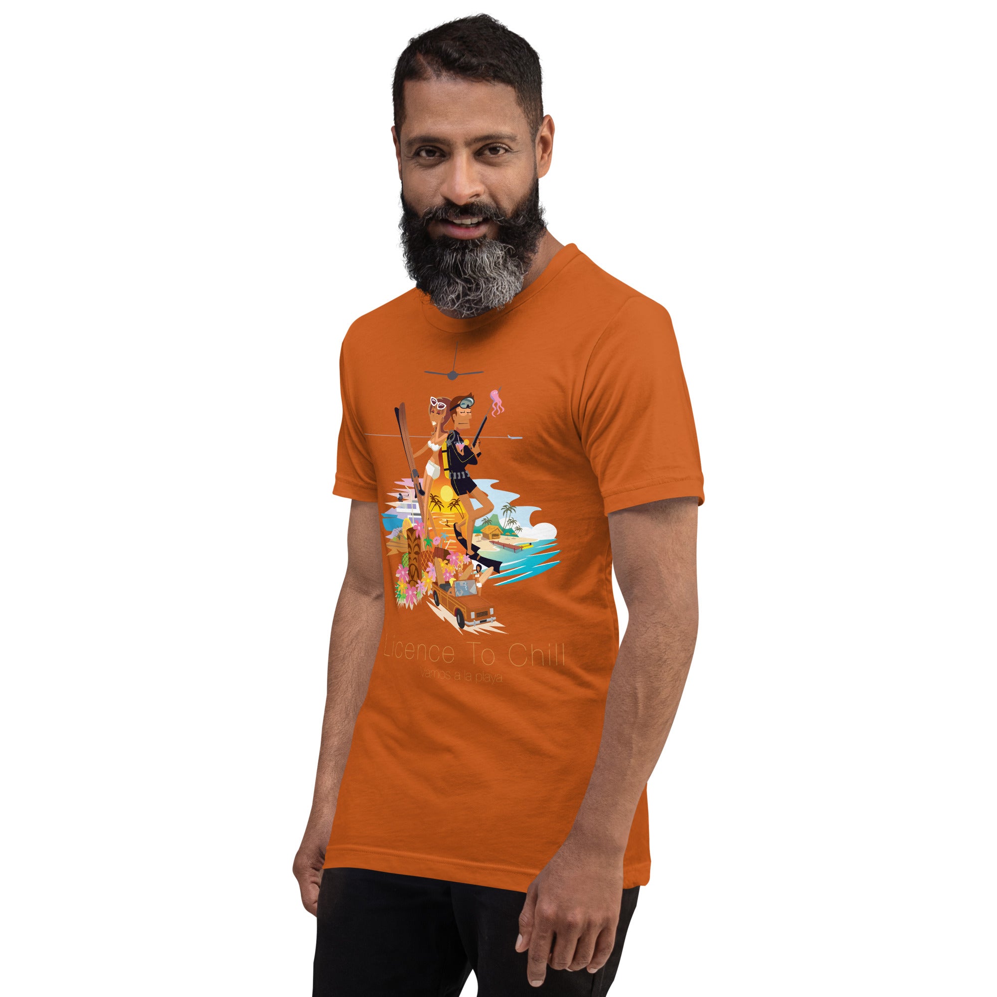Unisex cotton t-shirt License to Chill Vamos a la Playa on bright colors