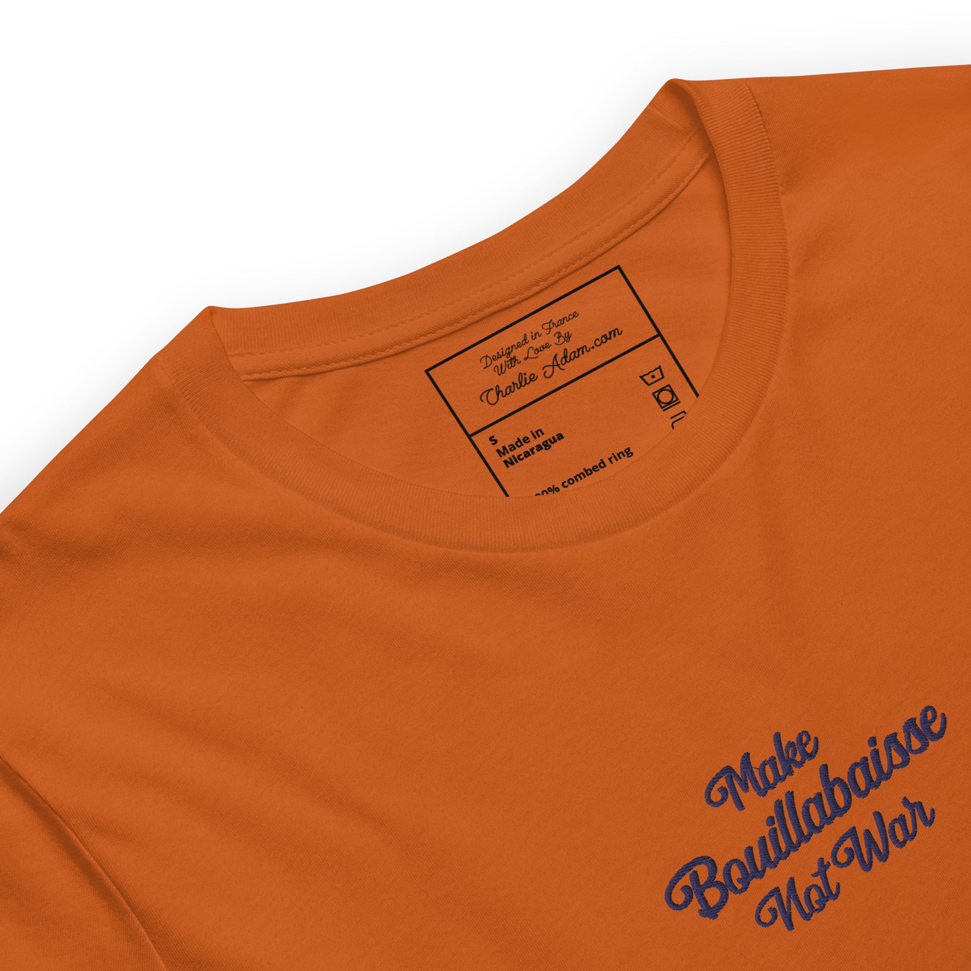 Unisex t-shirt Make Bouillabaisse Not War Text Only navy on bright colors