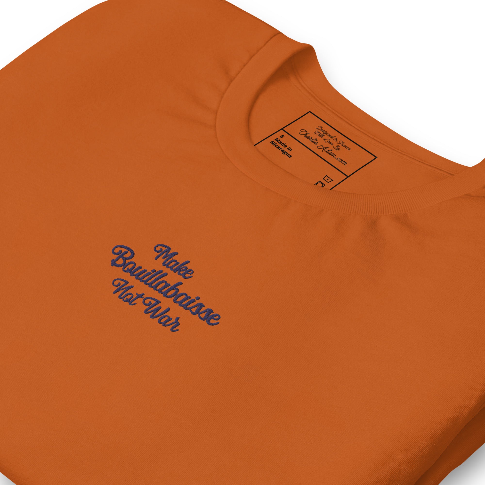 Unisex t-shirt Make Bouillabaisse Not War Text Only navy on bright colors
