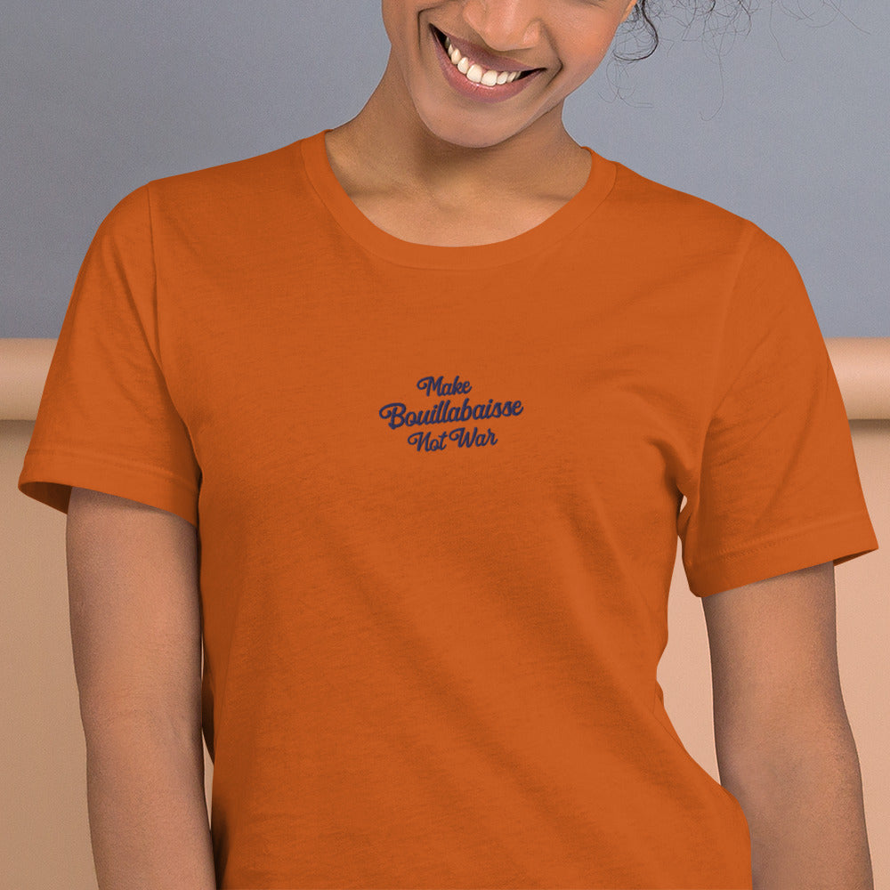 Unisex t-shirt Make Bouillabaisse Not War Text Only navy on bright colors
