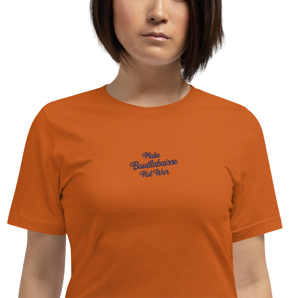 Unisex t-shirt Make Bouillabaisse Not War Text Only navy on bright colors