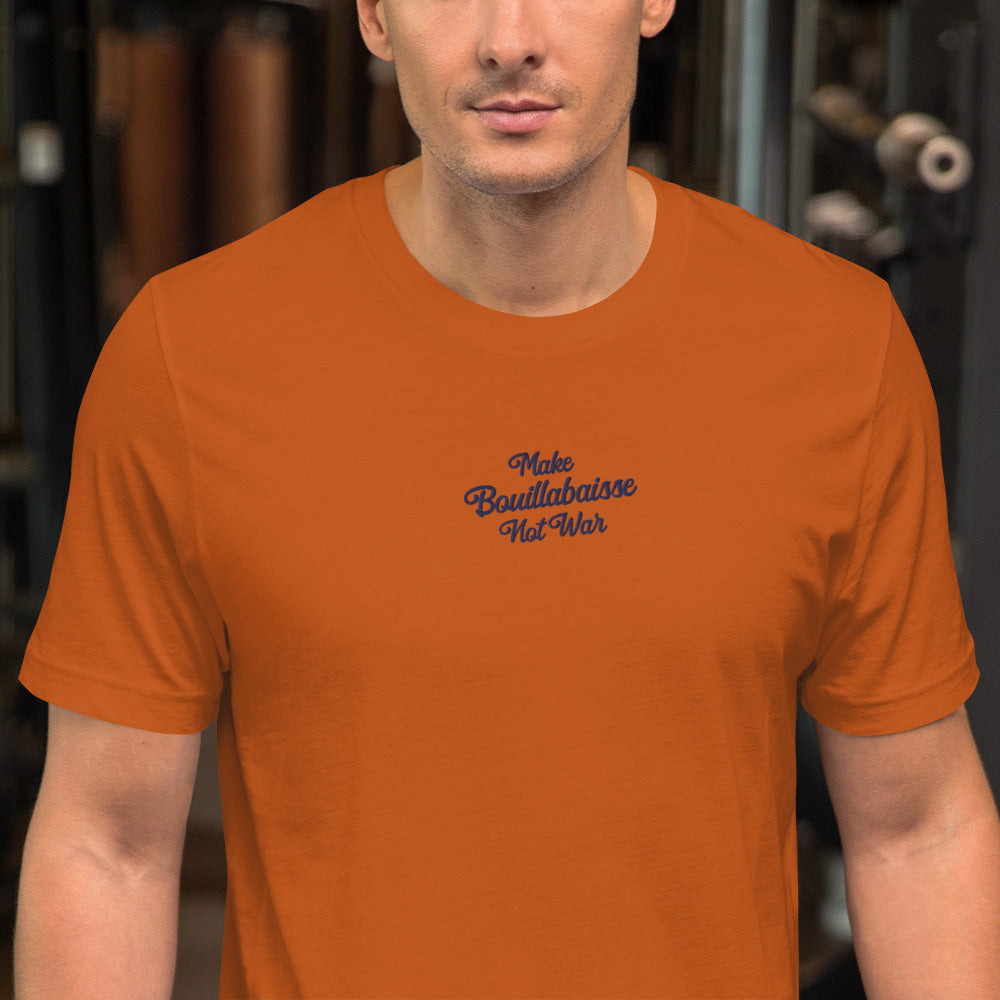 Unisex t-shirt Make Bouillabaisse Not War Text Only navy on bright colors