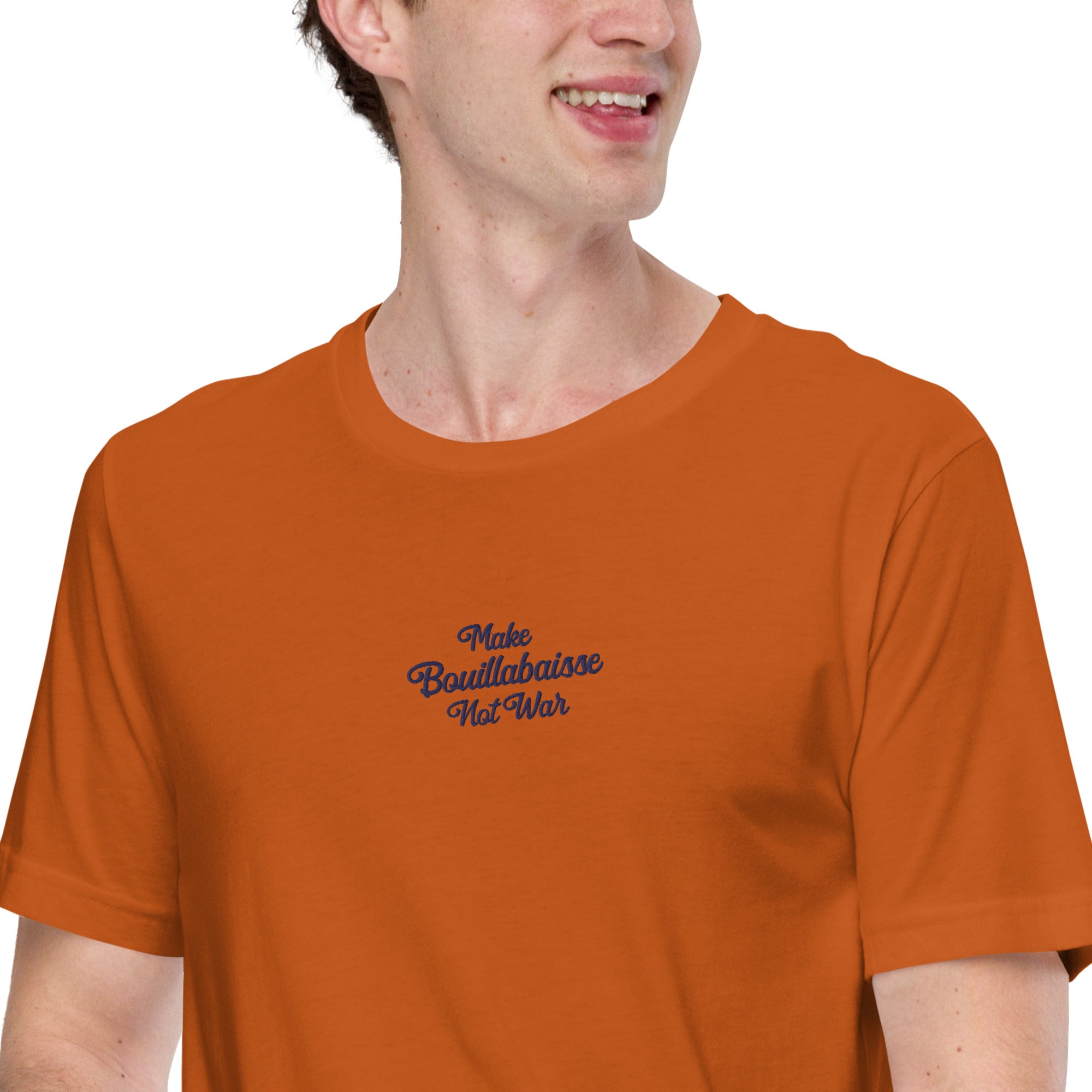 Unisex t-shirt Make Bouillabaisse Not War Text Only navy on bright colors