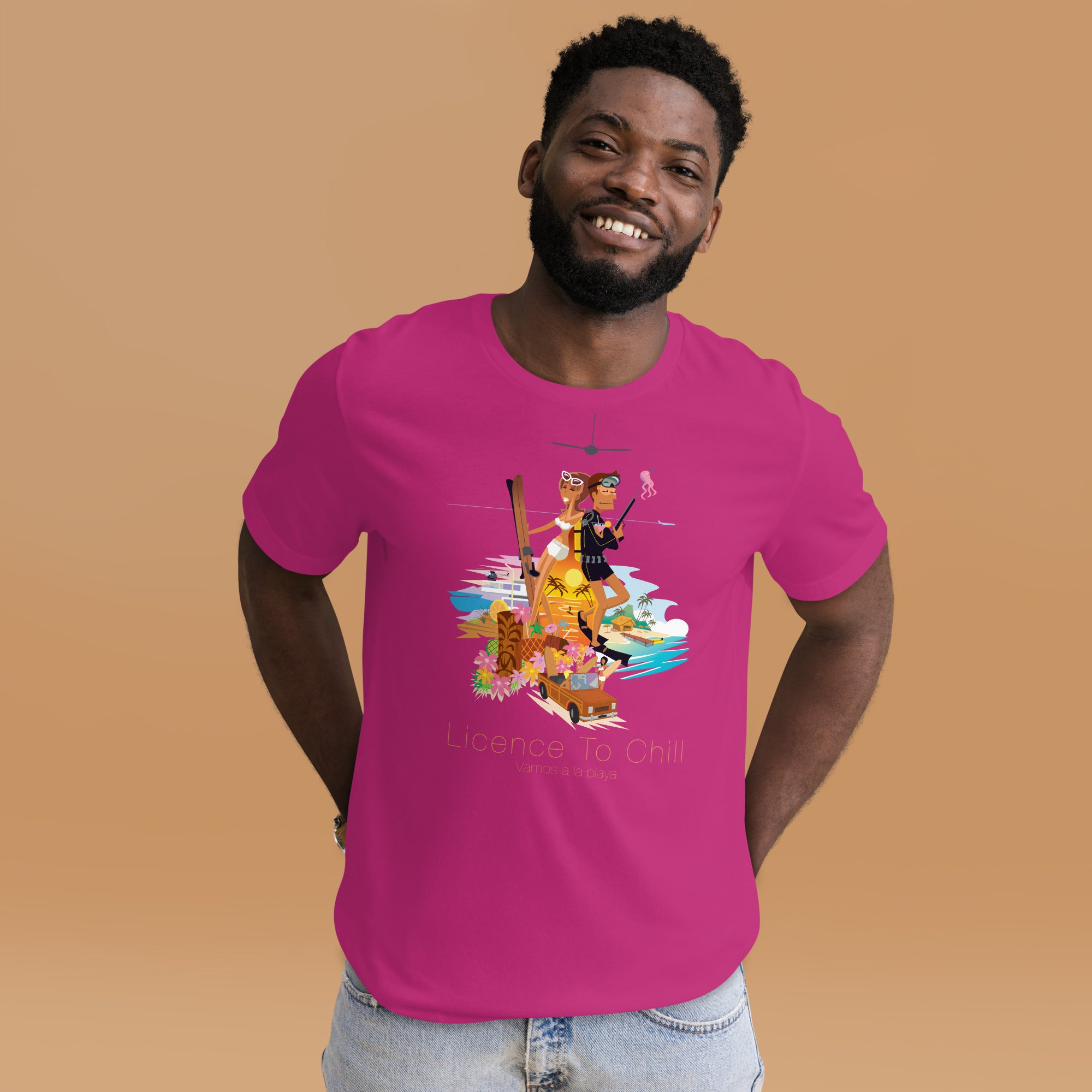 Unisex cotton t-shirt License to Chill Vamos a la Playa on bright colors