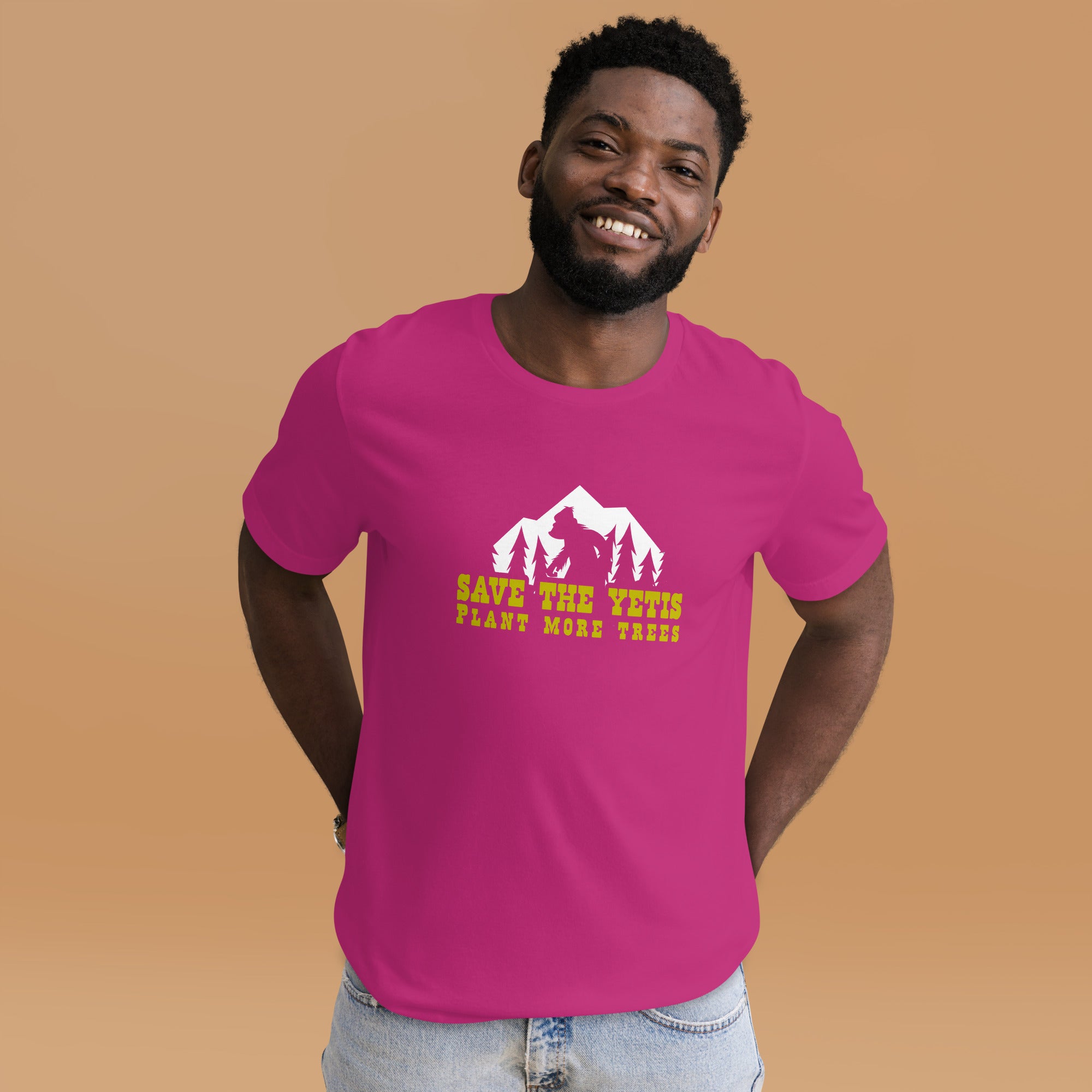 Unisex cotton t-shirt Save the Yetis Plant more Trees on bright colors (front & back)