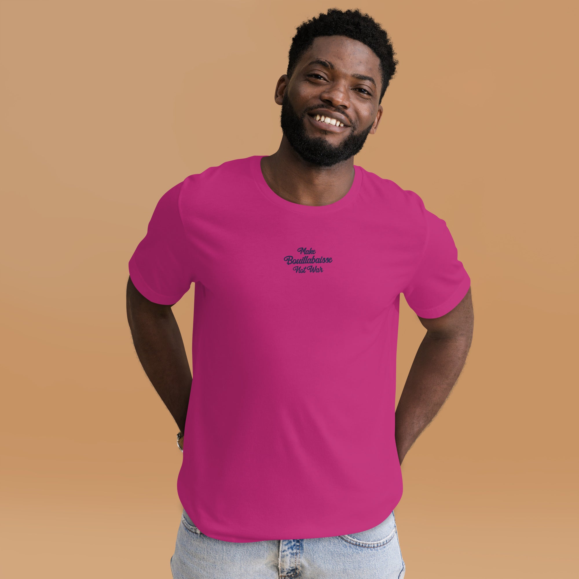 Unisex t-shirt Make Bouillabaisse Not War Text Only navy on bright colors