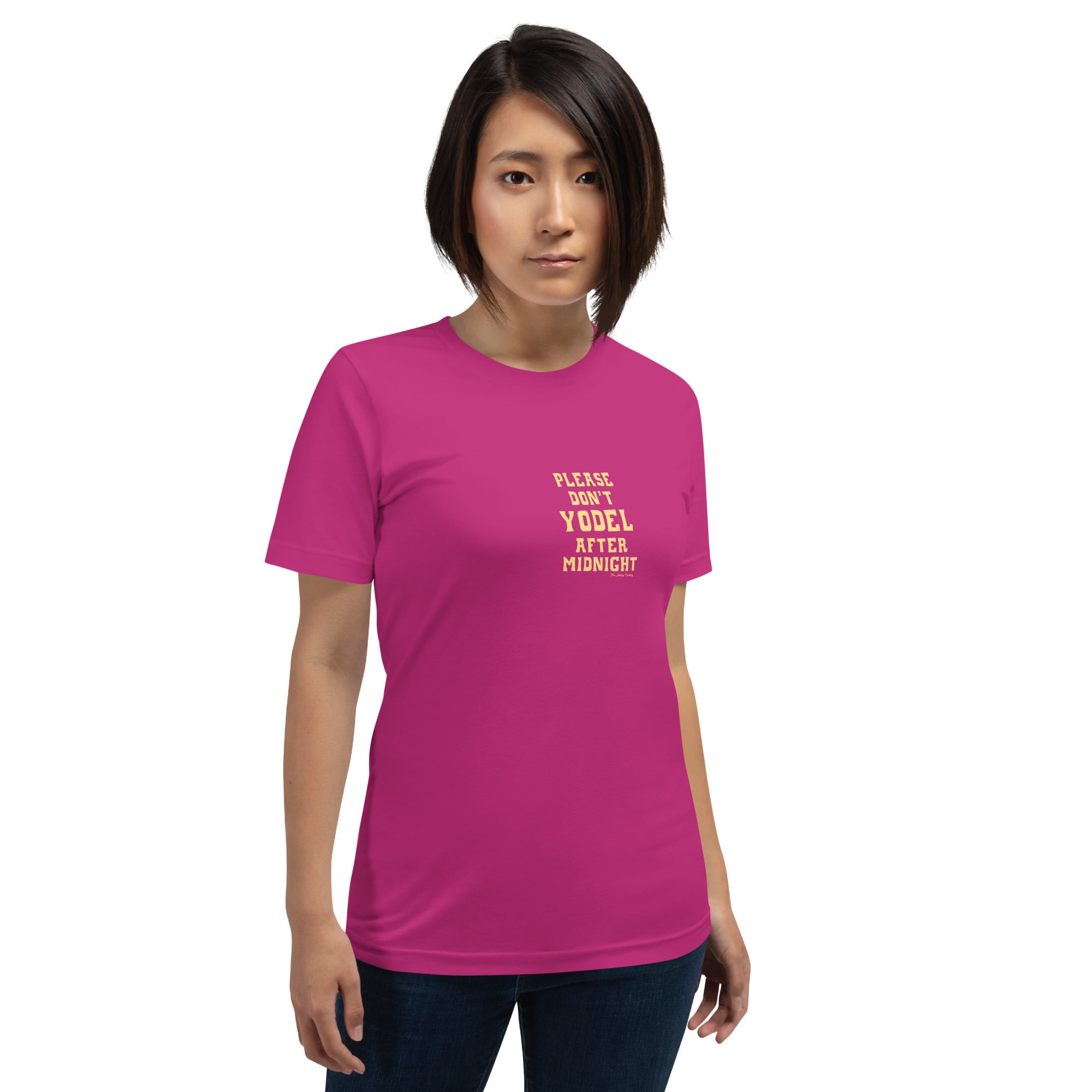 T-shirt en coton unisexe Don't Yodel After Midnight texte clair