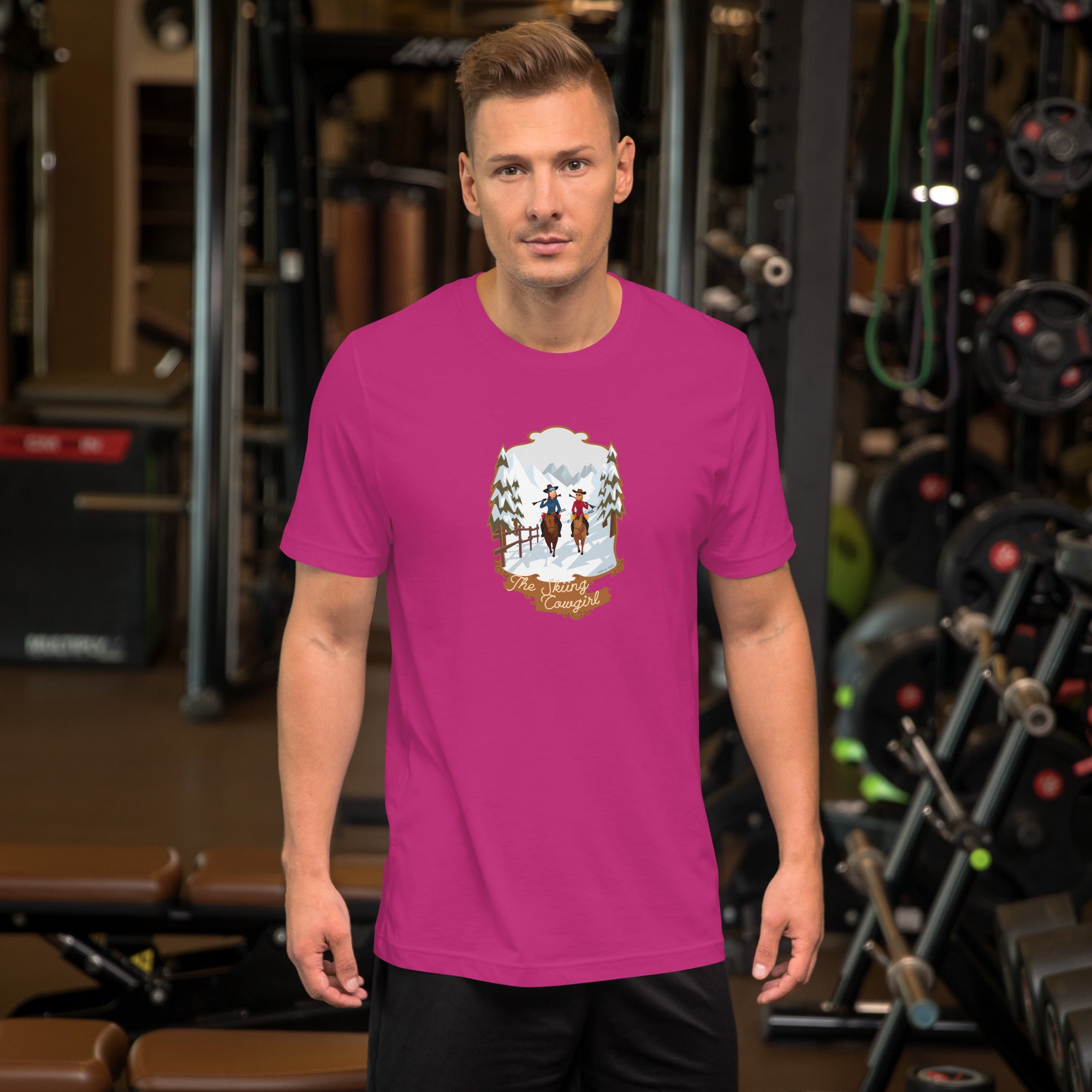 T-shirt en coton unisexe The Skiing Cowgirl sur couleurs vives