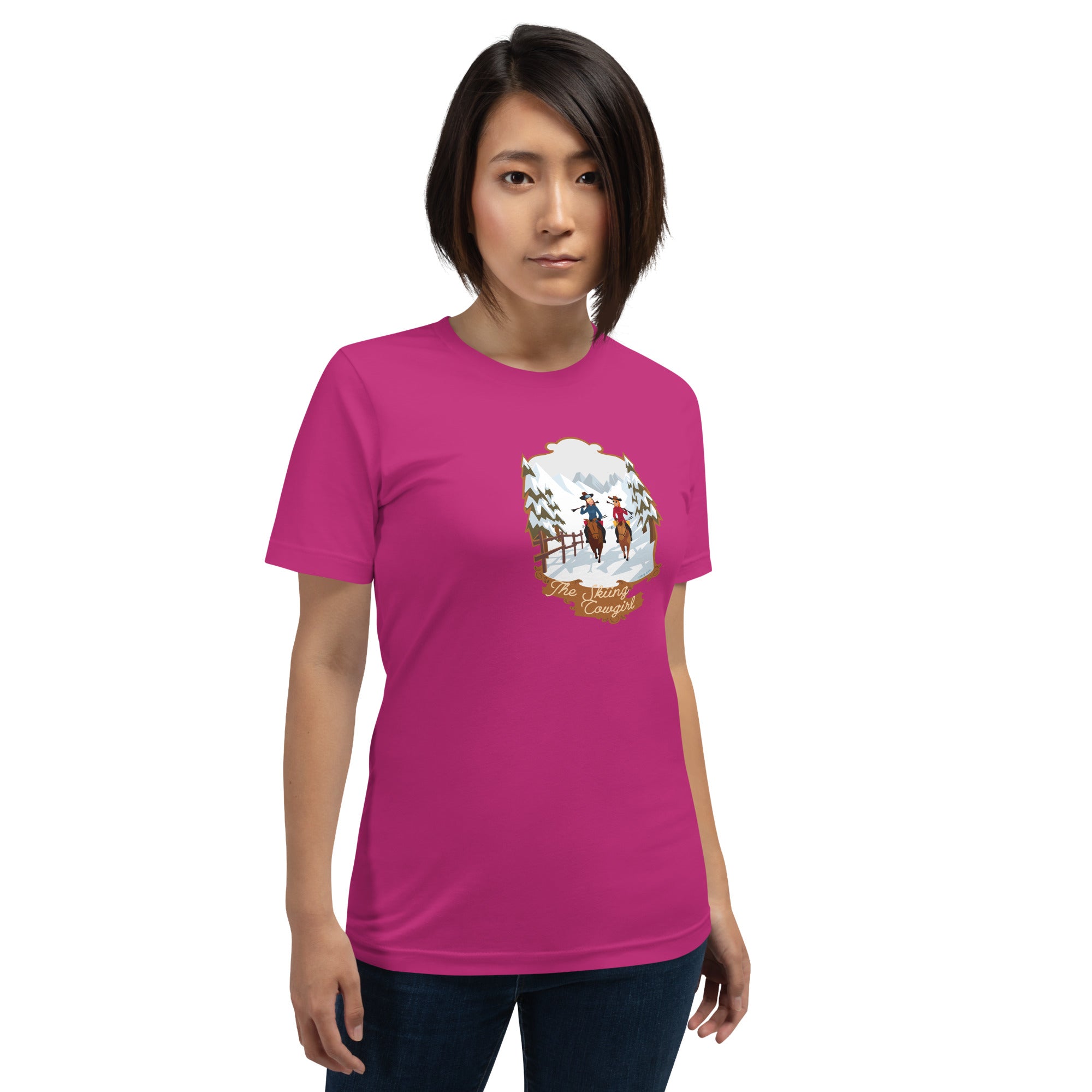 T-shirt en coton unisexe The Skiing Cowgirl sur couleurs vives
