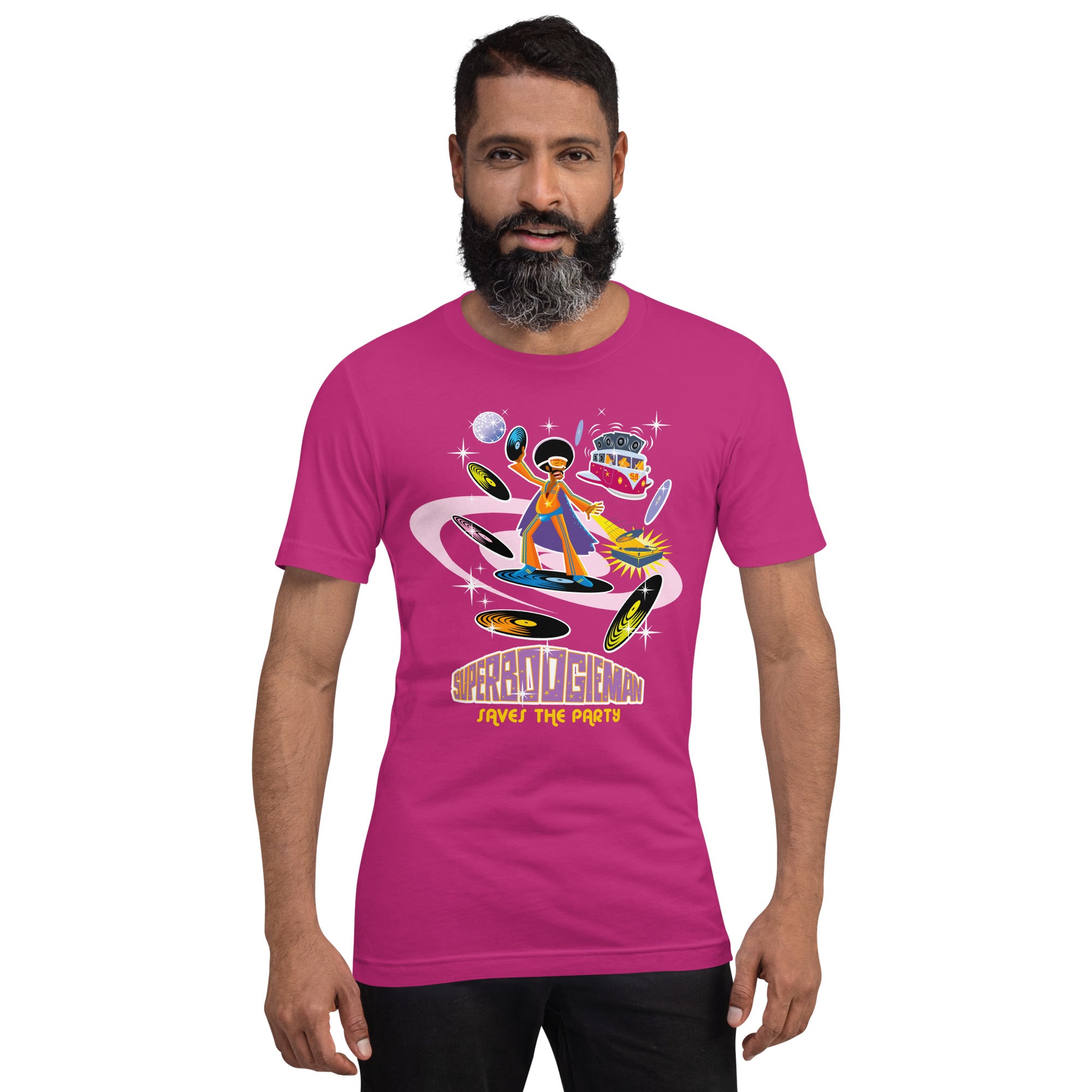 Unisex cotton t-shirt Superboogieman saves the Party on bright colors