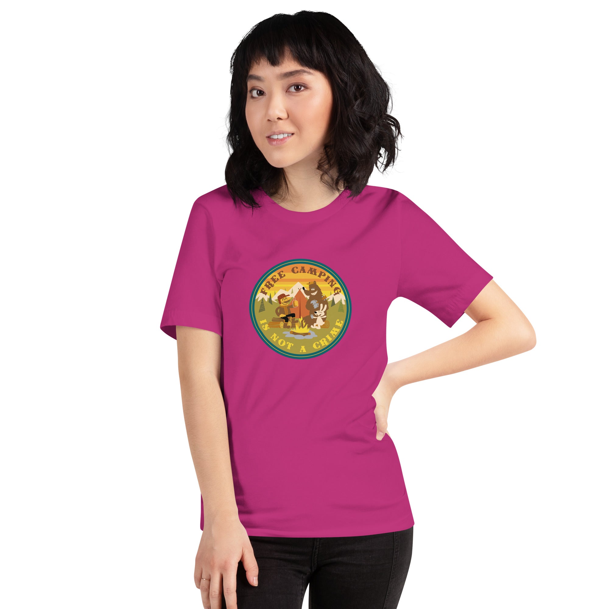 Unisex cotton t-shirt Free Camping is not a Crime on bright colors