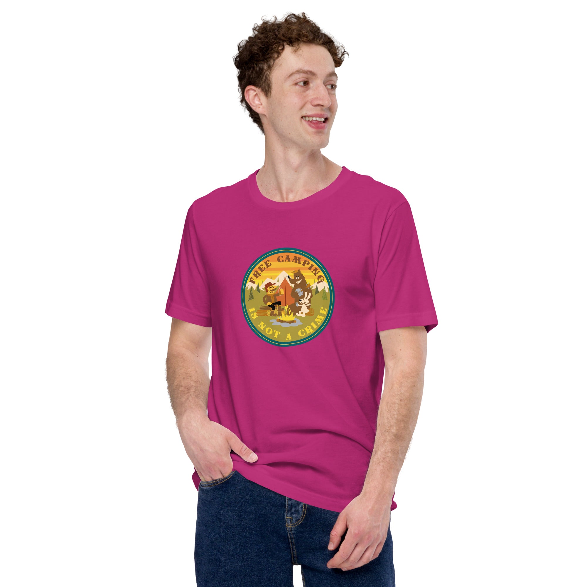 Unisex cotton t-shirt Free Camping is not a Crime on bright colors