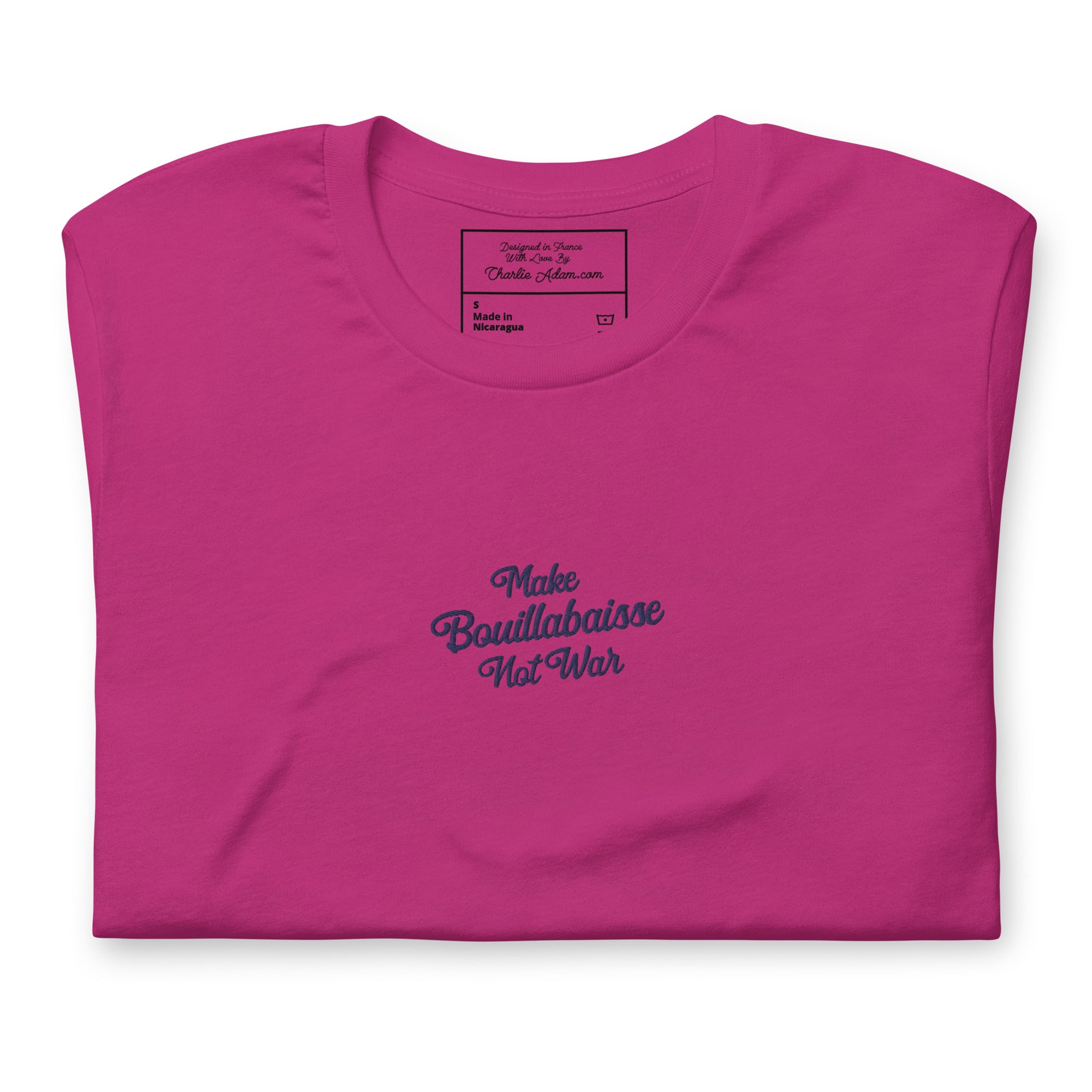 Unisex t-shirt Make Bouillabaisse Not War Text Only navy on bright colors