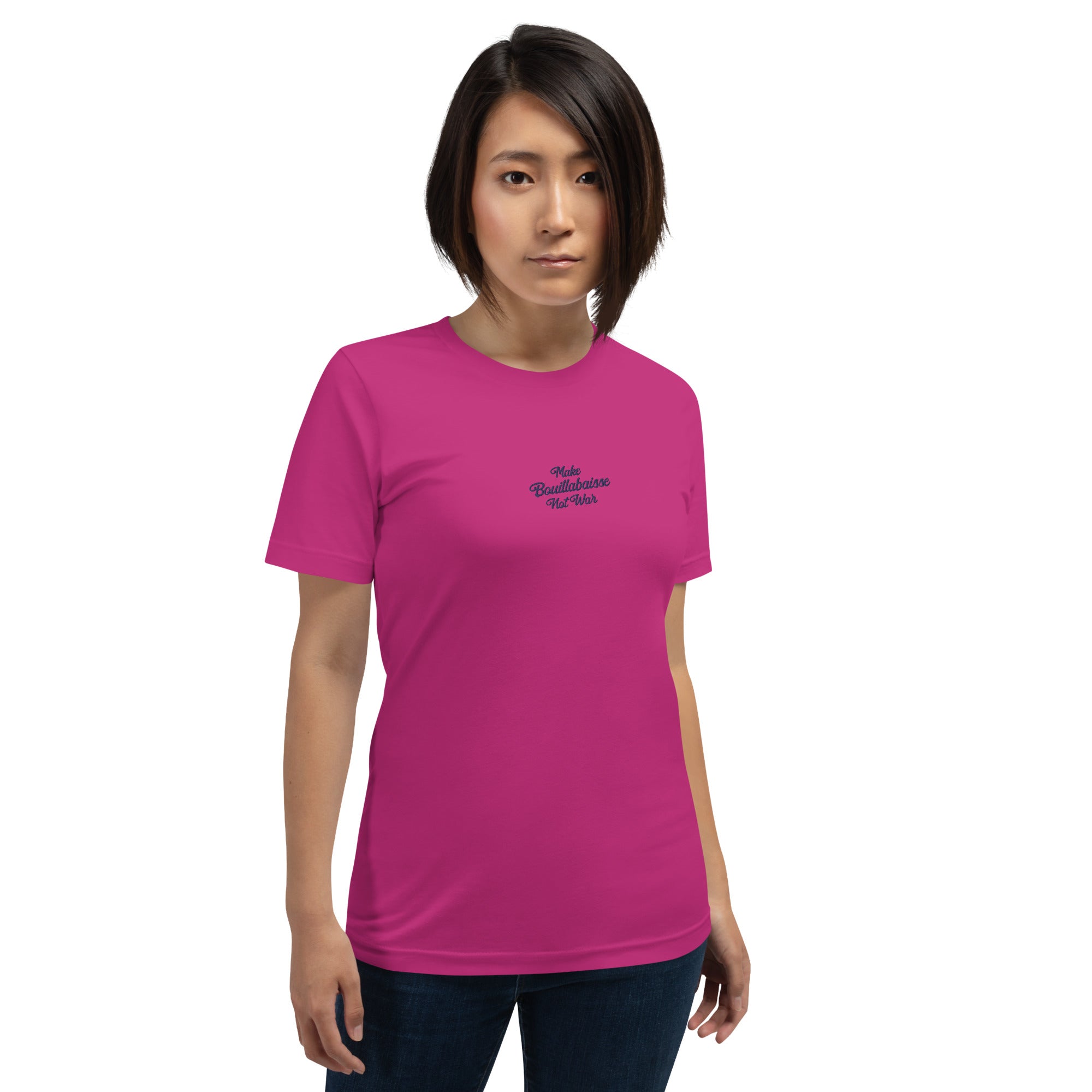 Unisex t-shirt Make Bouillabaisse Not War Text Only navy on bright colors