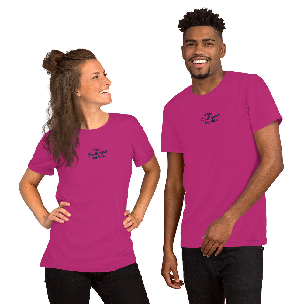 Unisex t-shirt Make Bouillabaisse Not War Text Only navy on bright colors