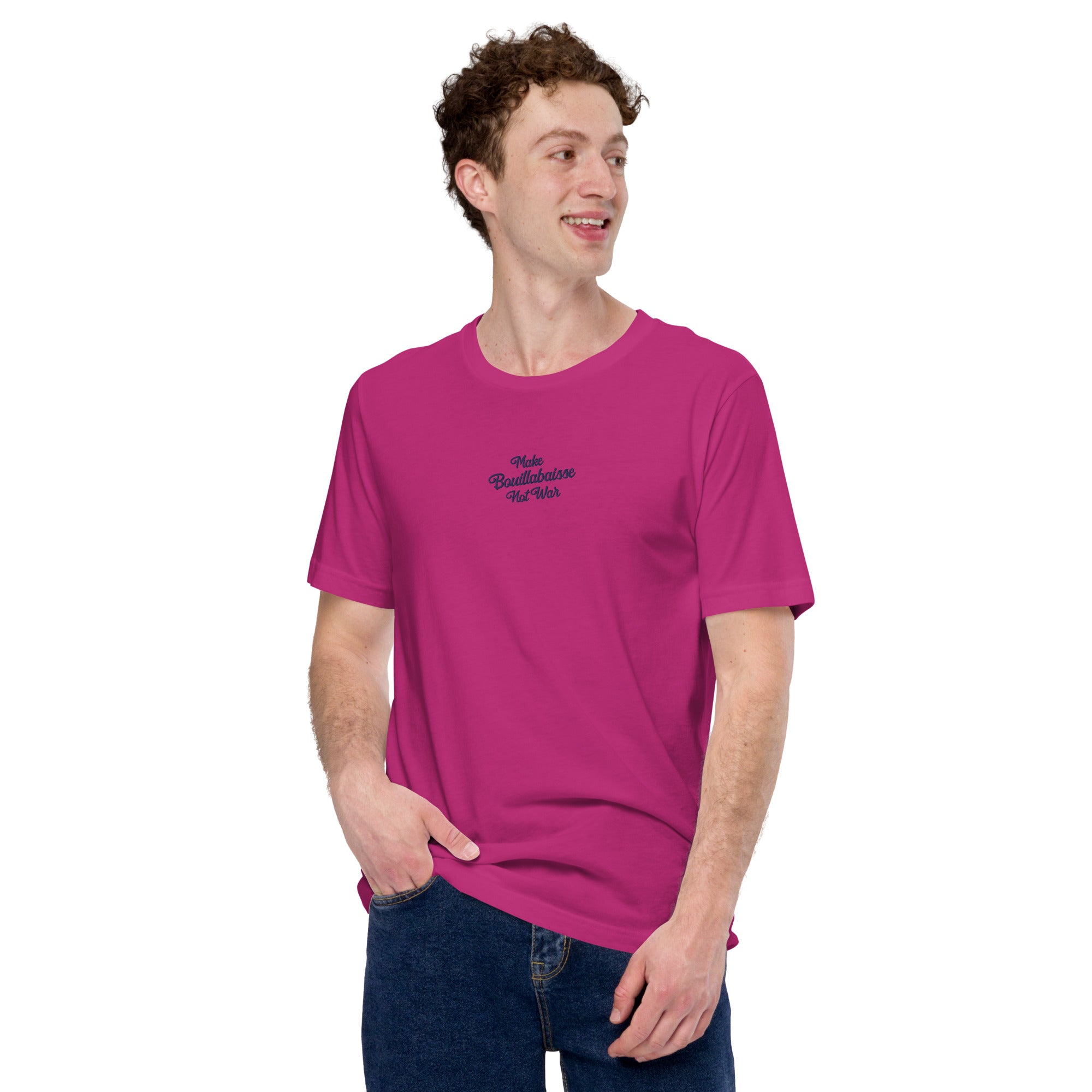 Unisex t-shirt Make Bouillabaisse Not War Text Only navy on bright colors