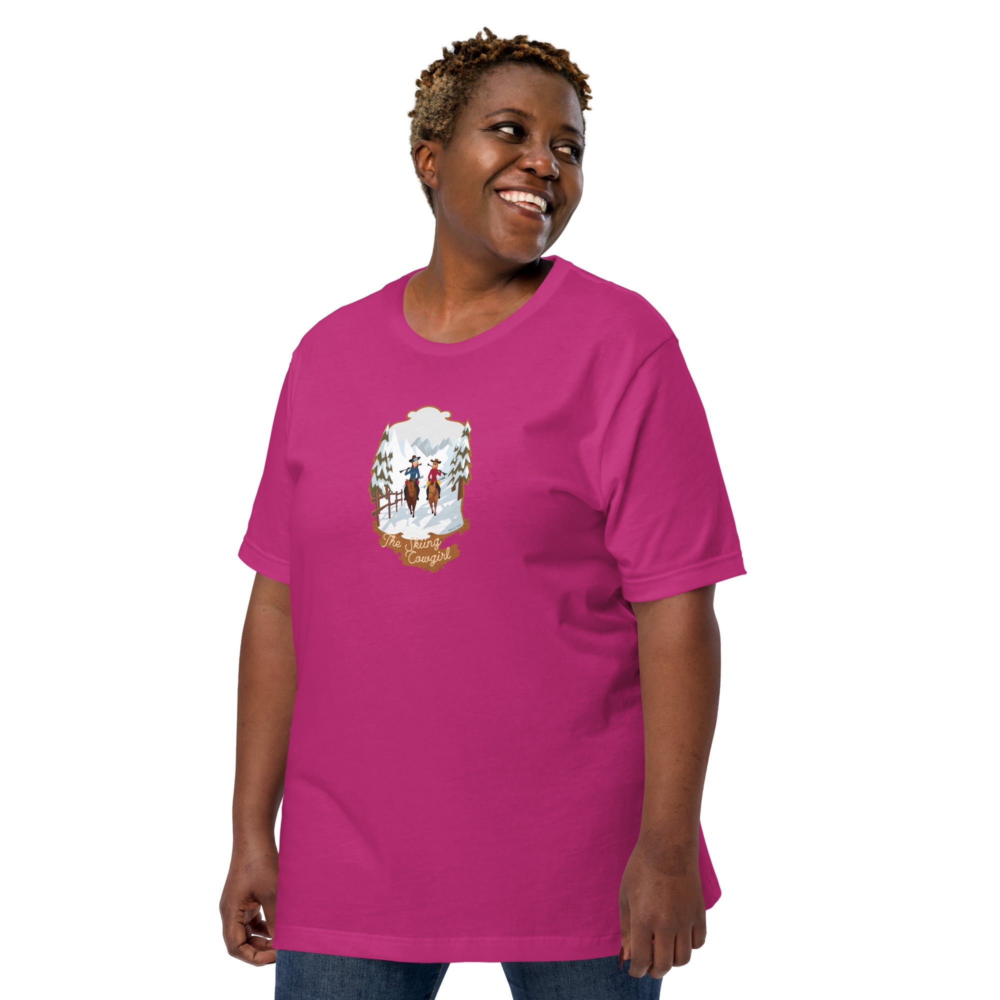 T-shirt en coton unisexe The Skiing Cowgirl sur couleurs vives