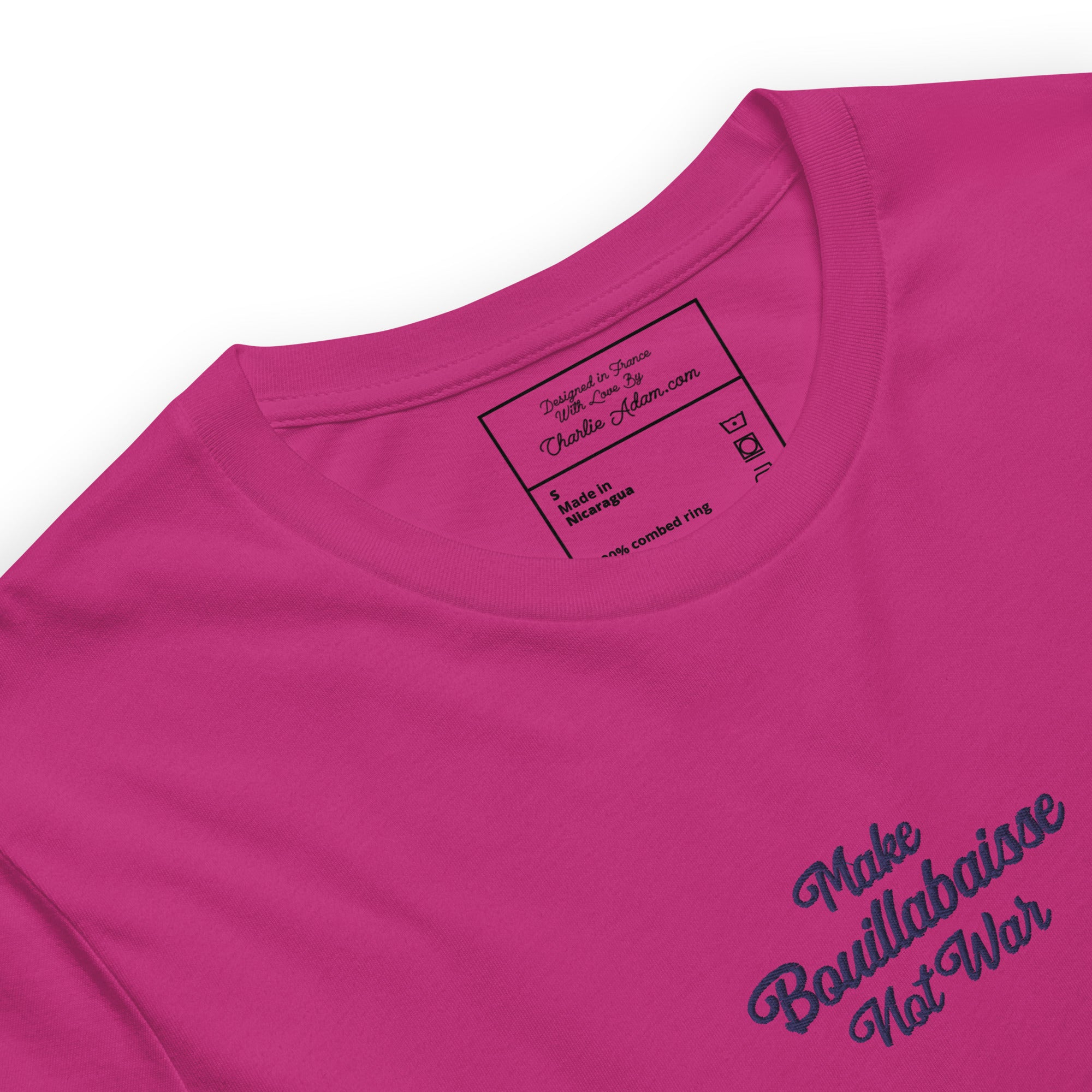 Unisex t-shirt Make Bouillabaisse Not War Text Only navy on bright colors