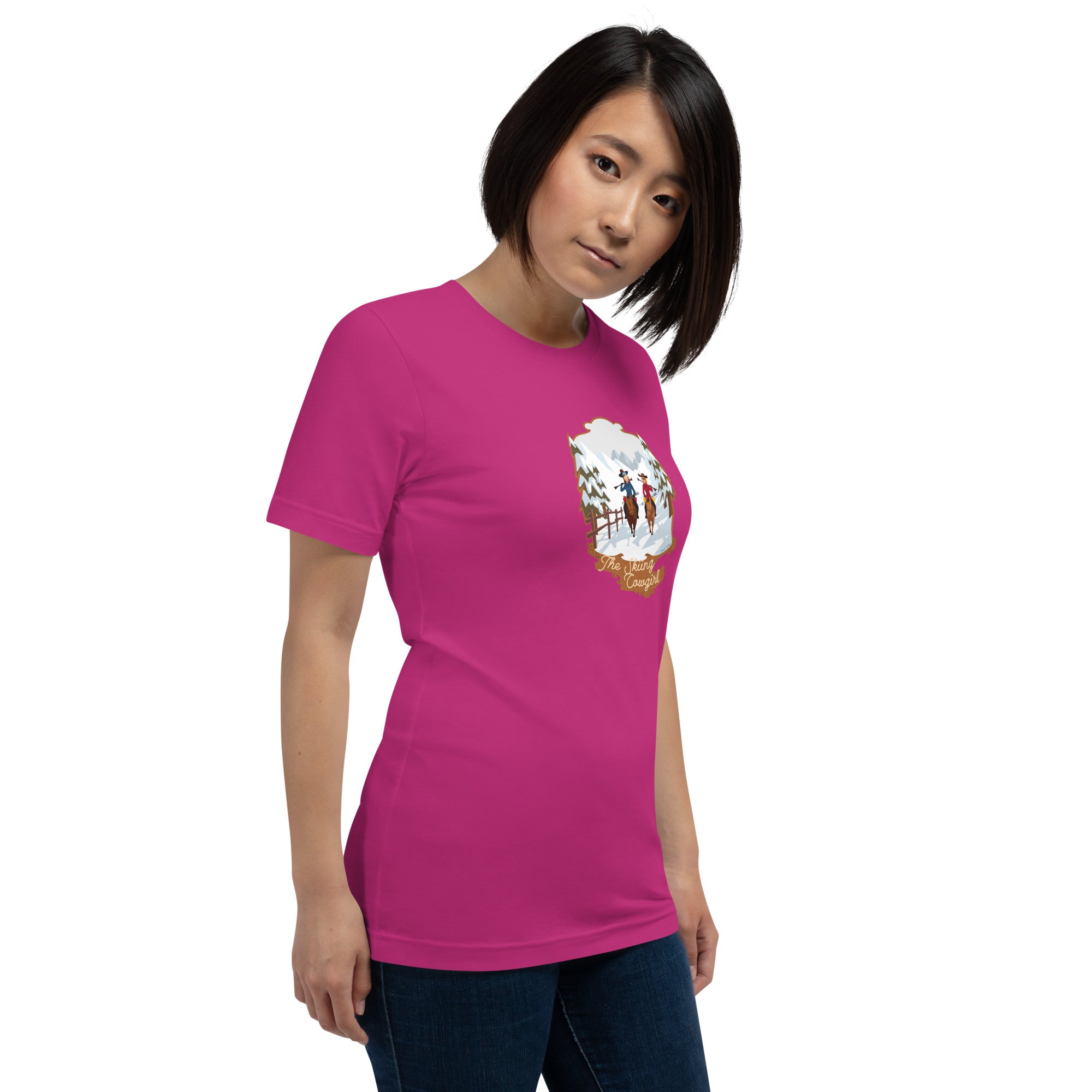 T-shirt en coton unisexe The Skiing Cowgirl sur couleurs vives