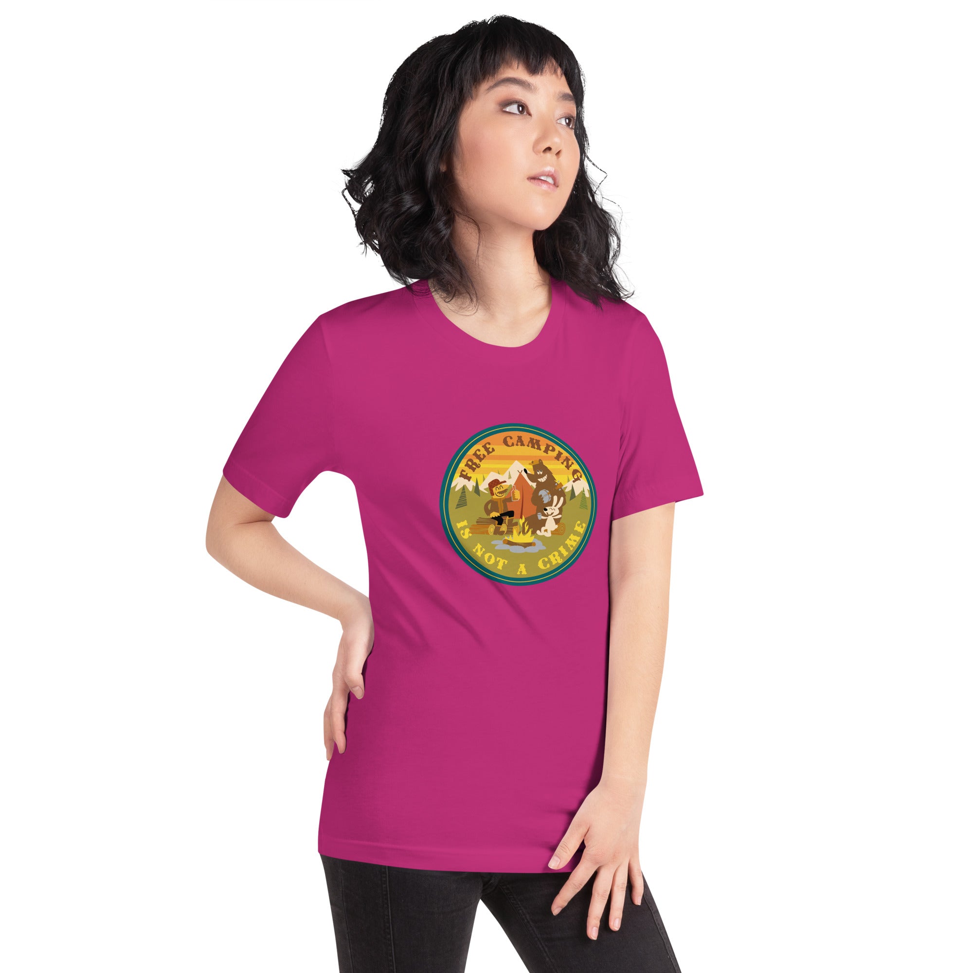 Unisex cotton t-shirt Free Camping is not a Crime on bright colors