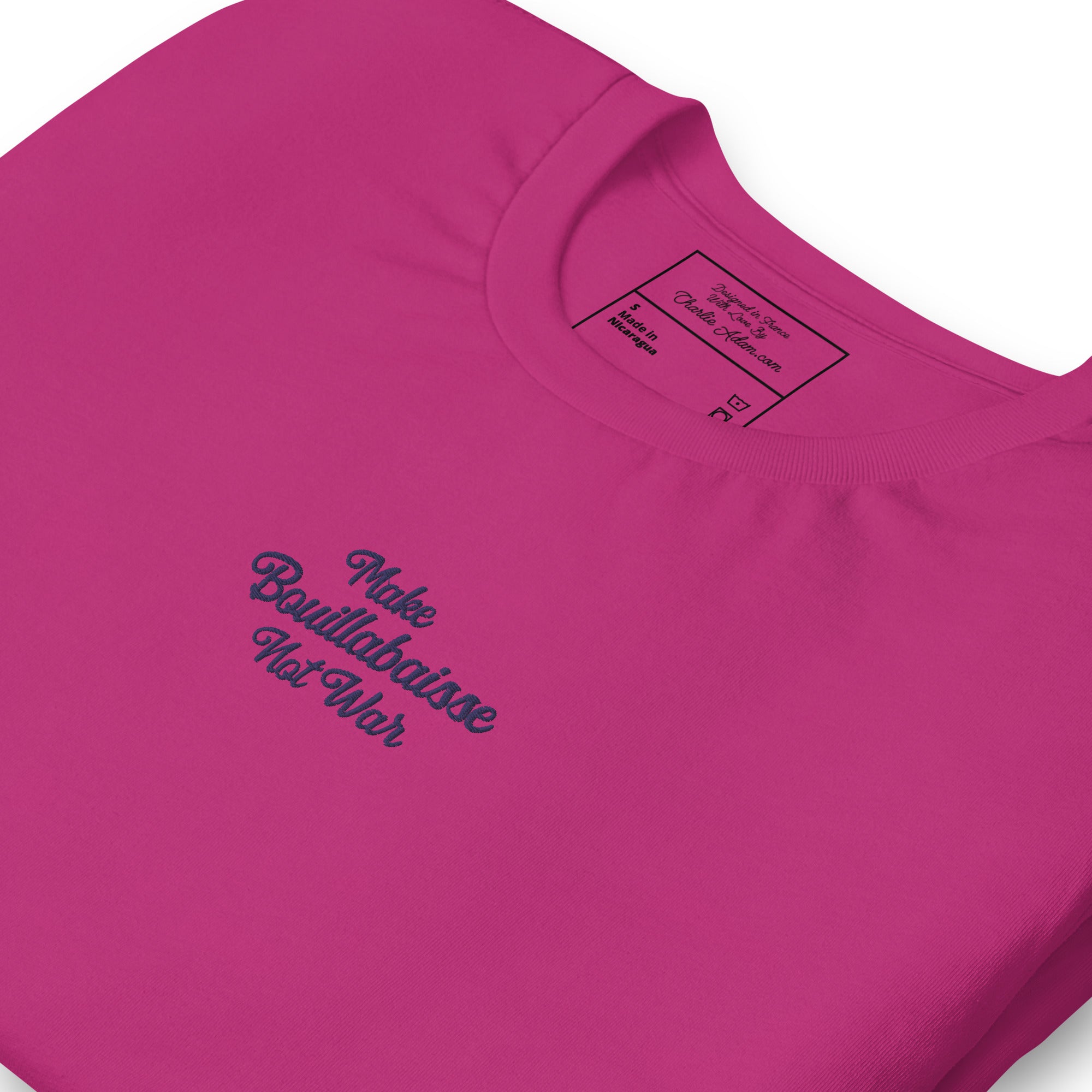 Unisex t-shirt Make Bouillabaisse Not War Text Only navy on bright colors