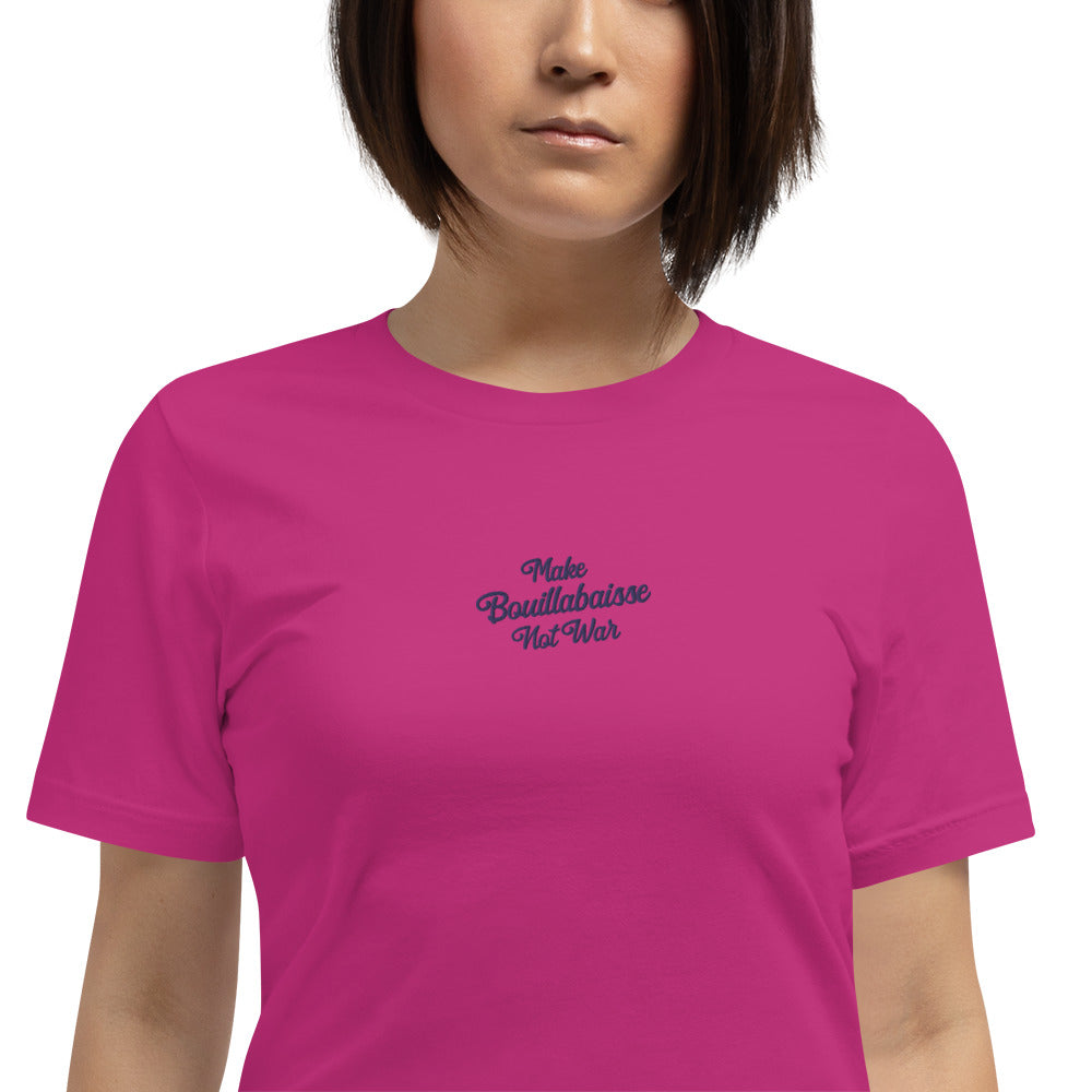 Unisex t-shirt Make Bouillabaisse Not War Text Only navy on bright colors