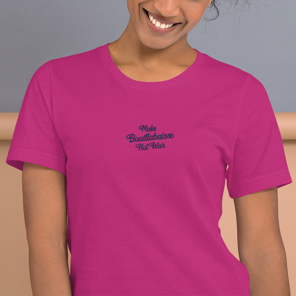 Unisex t-shirt Make Bouillabaisse Not War Text Only navy on bright colors