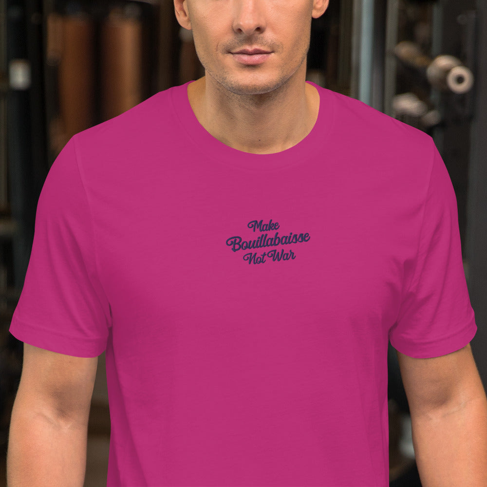 Unisex t-shirt Make Bouillabaisse Not War Text Only navy on bright colors