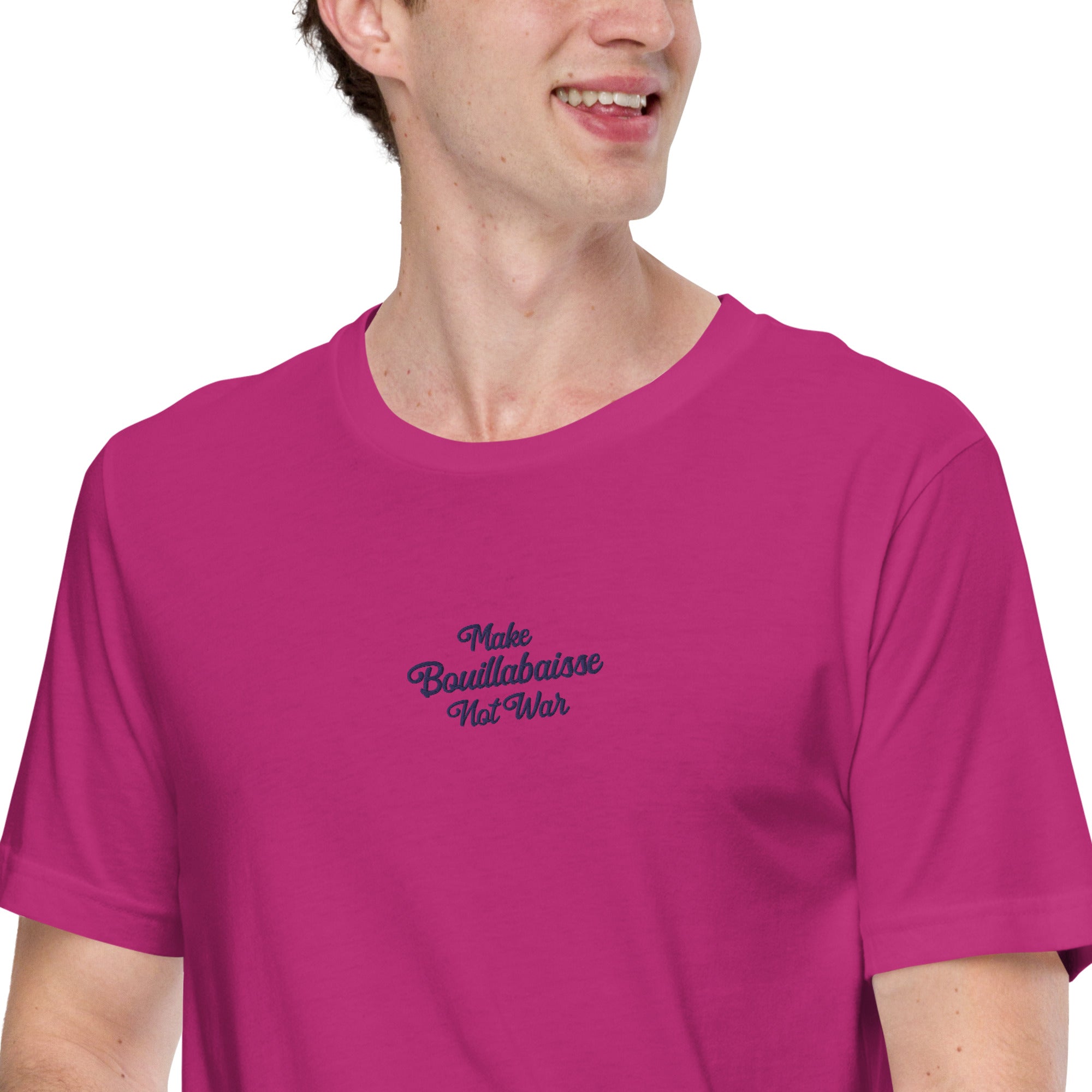 Unisex t-shirt Make Bouillabaisse Not War Text Only navy on bright colors