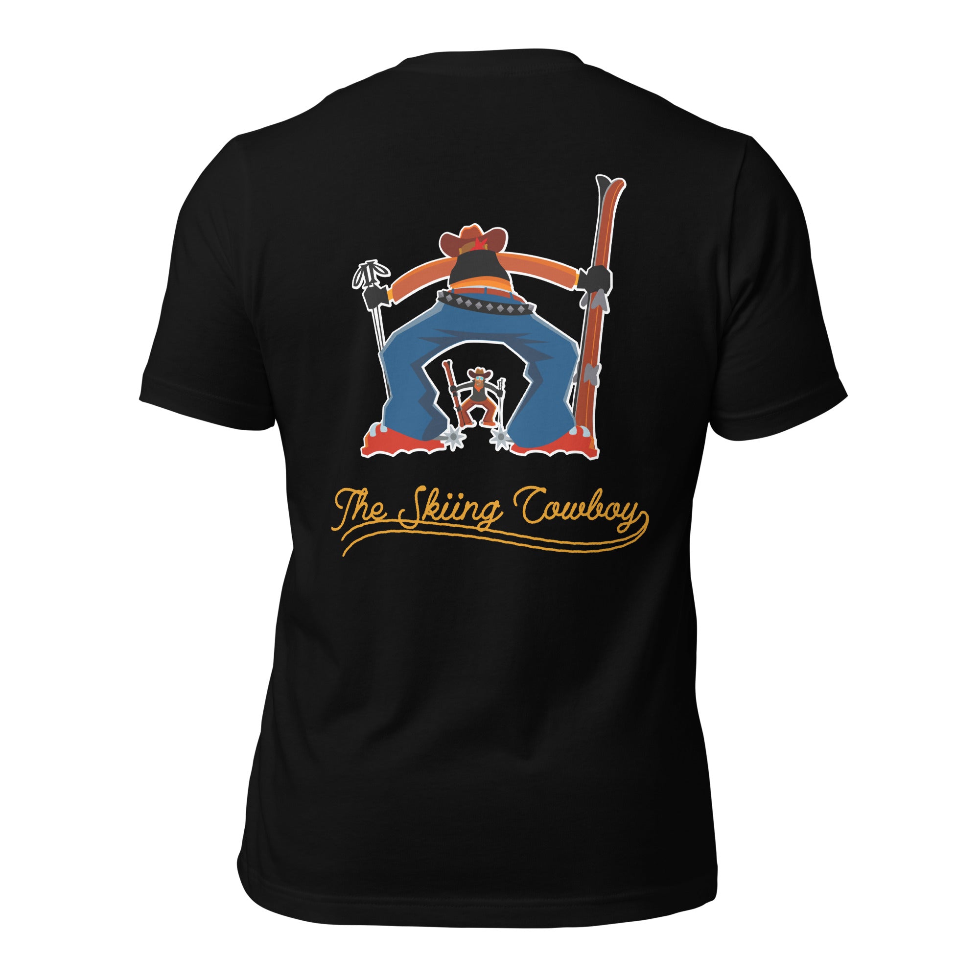 T-shirt en coton unisexe Skiing Cowboy (face) & Ski Fight at OK Corral Outline (dos) sur couleurs foncées