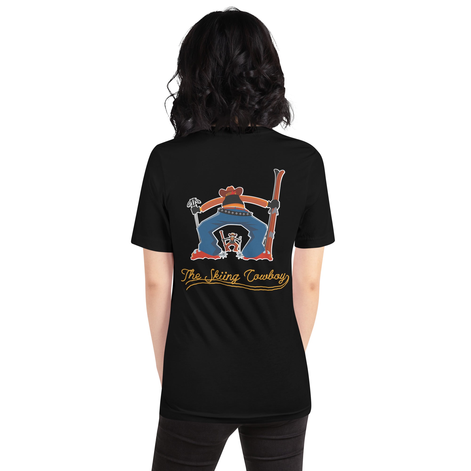 T-shirt en coton unisexe Skiing Cowboy (face) & Ski Fight at OK Corral Outline (dos) sur couleurs foncées