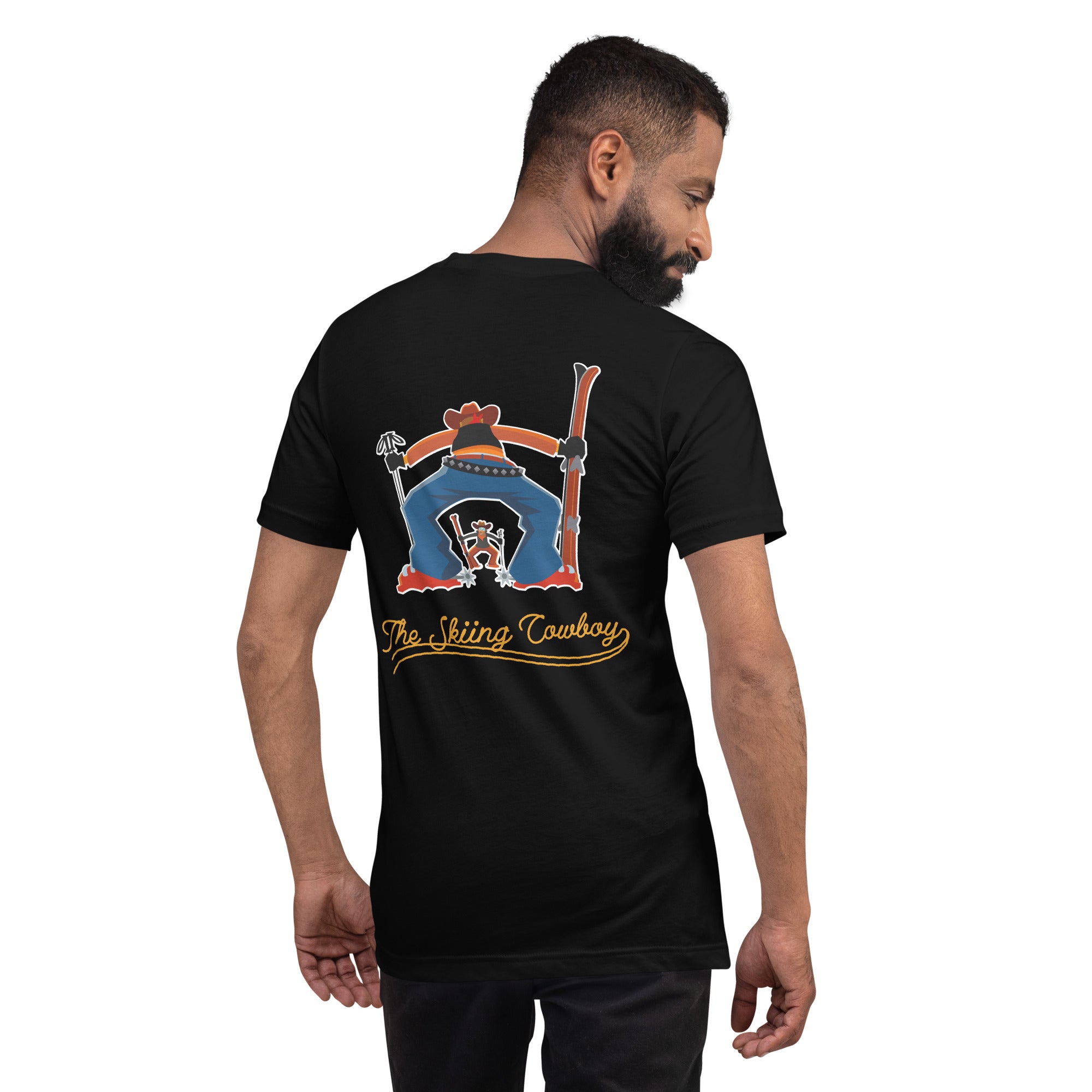 T-shirt en coton unisexe Skiing Cowboy (face) & Ski Fight at OK Corral Outline (dos) sur couleurs foncées