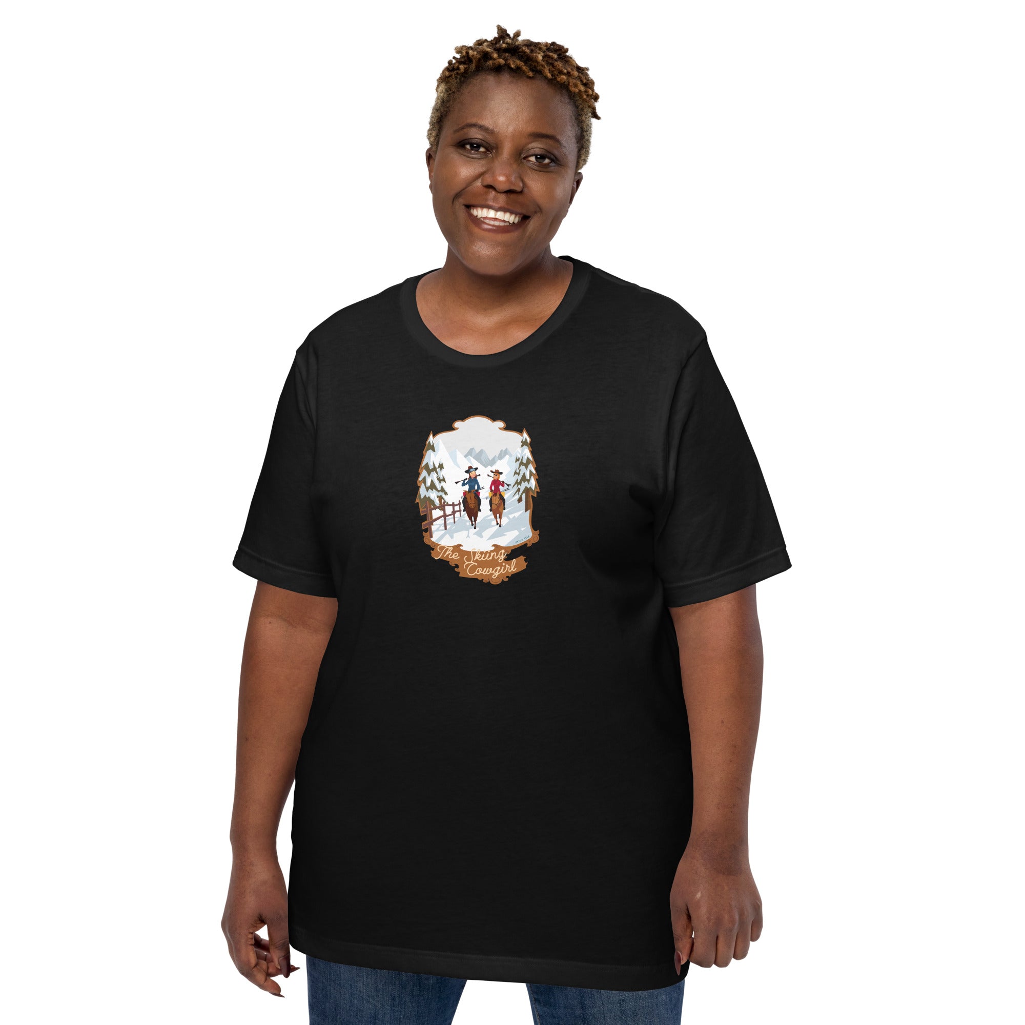 T-shirt en coton unisexe The Skiing Cowgirl sur couleurs foncées